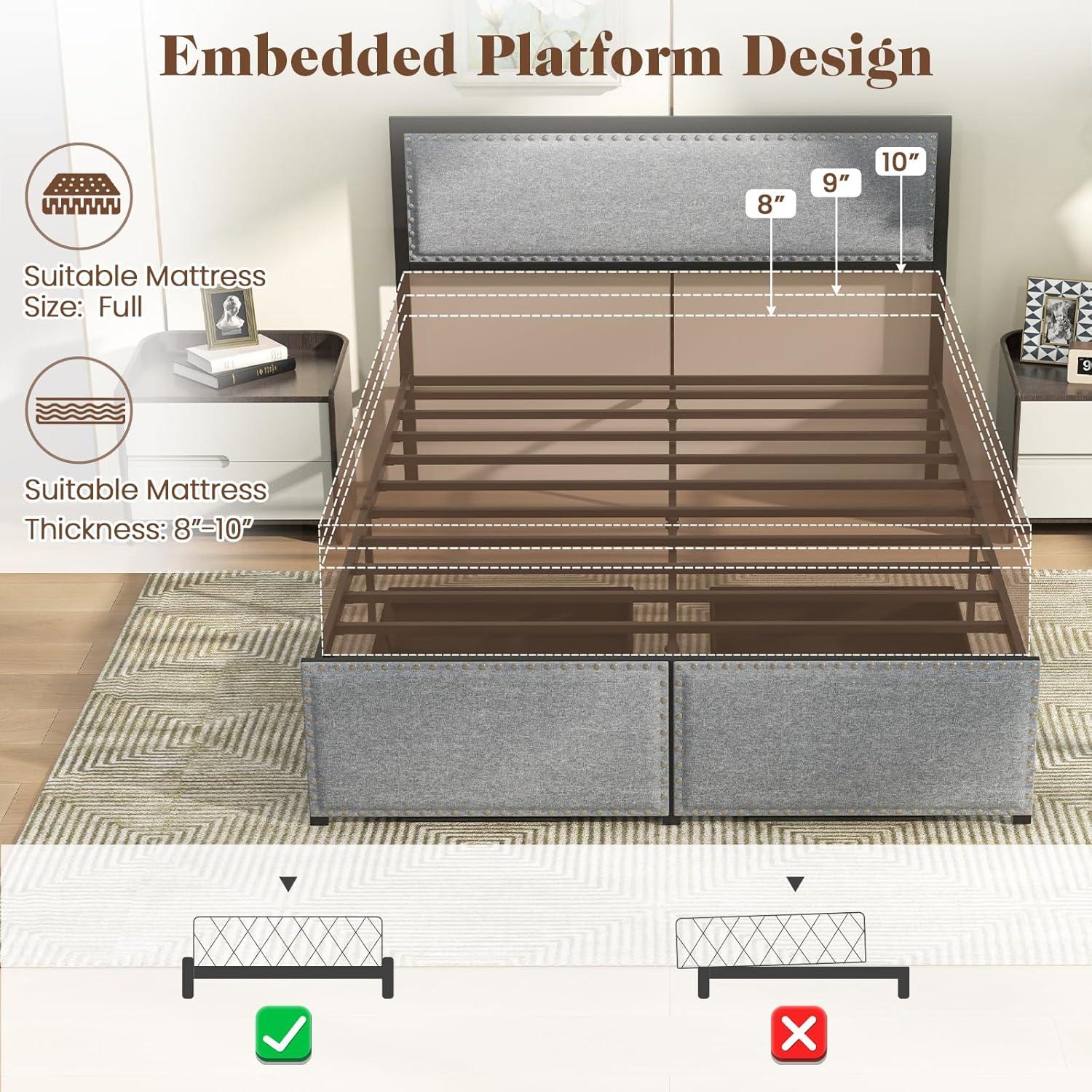 image:imageGiantex Queen Bed Frame with LED Lights and 2 Storage Drawers Upholstered LED Platform Bed with Linen Fabric Headboard Metal Slats Support No Box Spring Needed Light up Bed Frame GreyFull