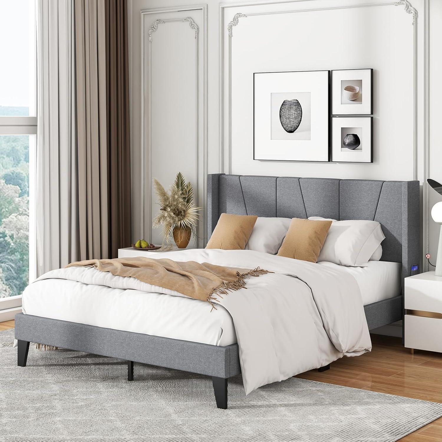 image:imageGiantex Queen Bed Frame with Wingback Headboard Modern Upholstered Platform Bed with 2 Side Storage Pockets and Wooden Slats No Box Spring Needed Bed Frame Queen Size Grey Queen GT10704HUGrey