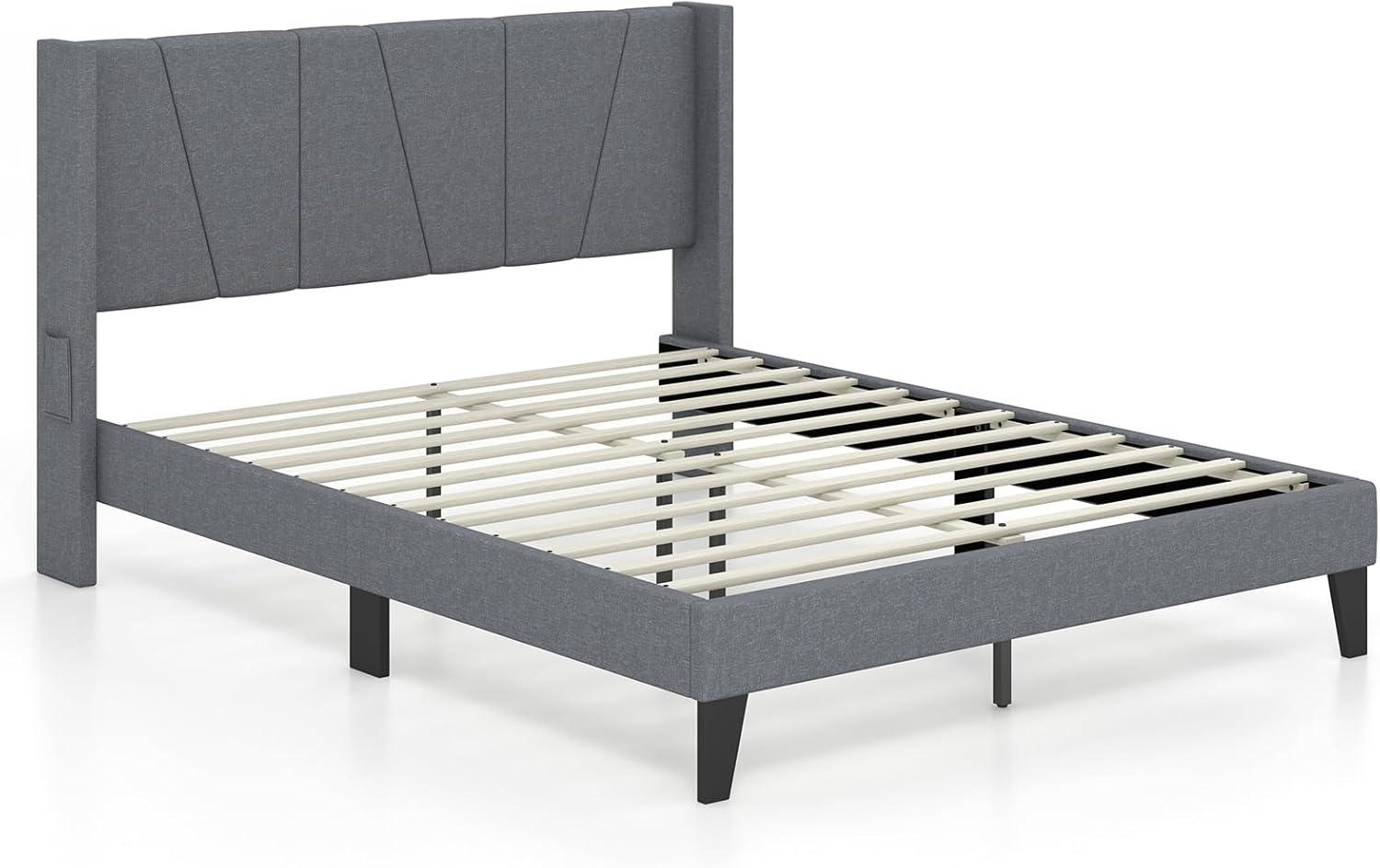 image:imageGiantex Queen Bed Frame with Wingback Headboard Modern Upholstered Platform Bed with 2 Side Storage Pockets and Wooden Slats No Box Spring Needed Bed Frame Queen Size Grey Queen GT10704HUGrey