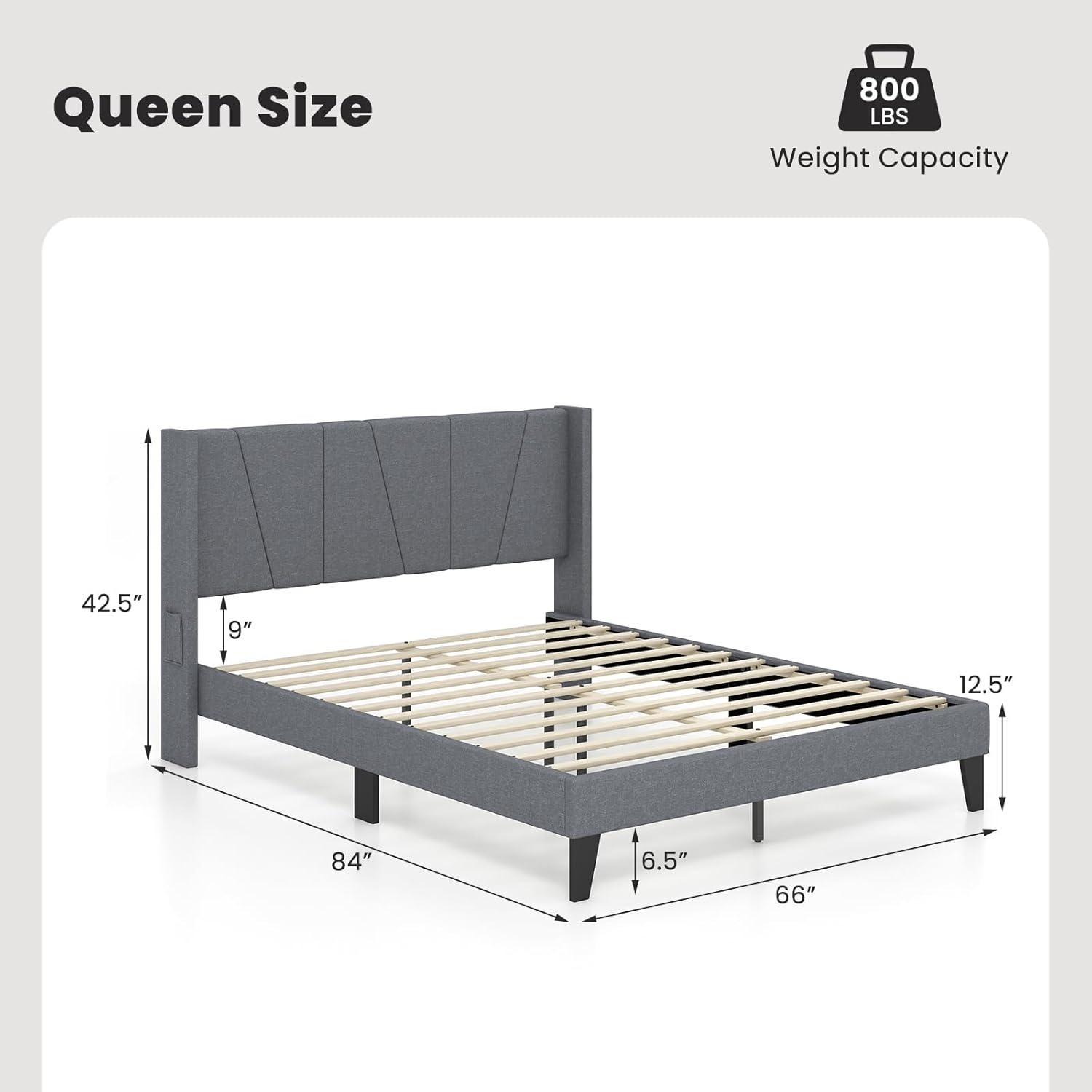 image:imageGiantex Queen Bed Frame with Wingback Headboard Modern Upholstered Platform Bed with 2 Side Storage Pockets and Wooden Slats No Box Spring Needed Bed Frame Queen Size Grey Queen GT10704HUGrey
