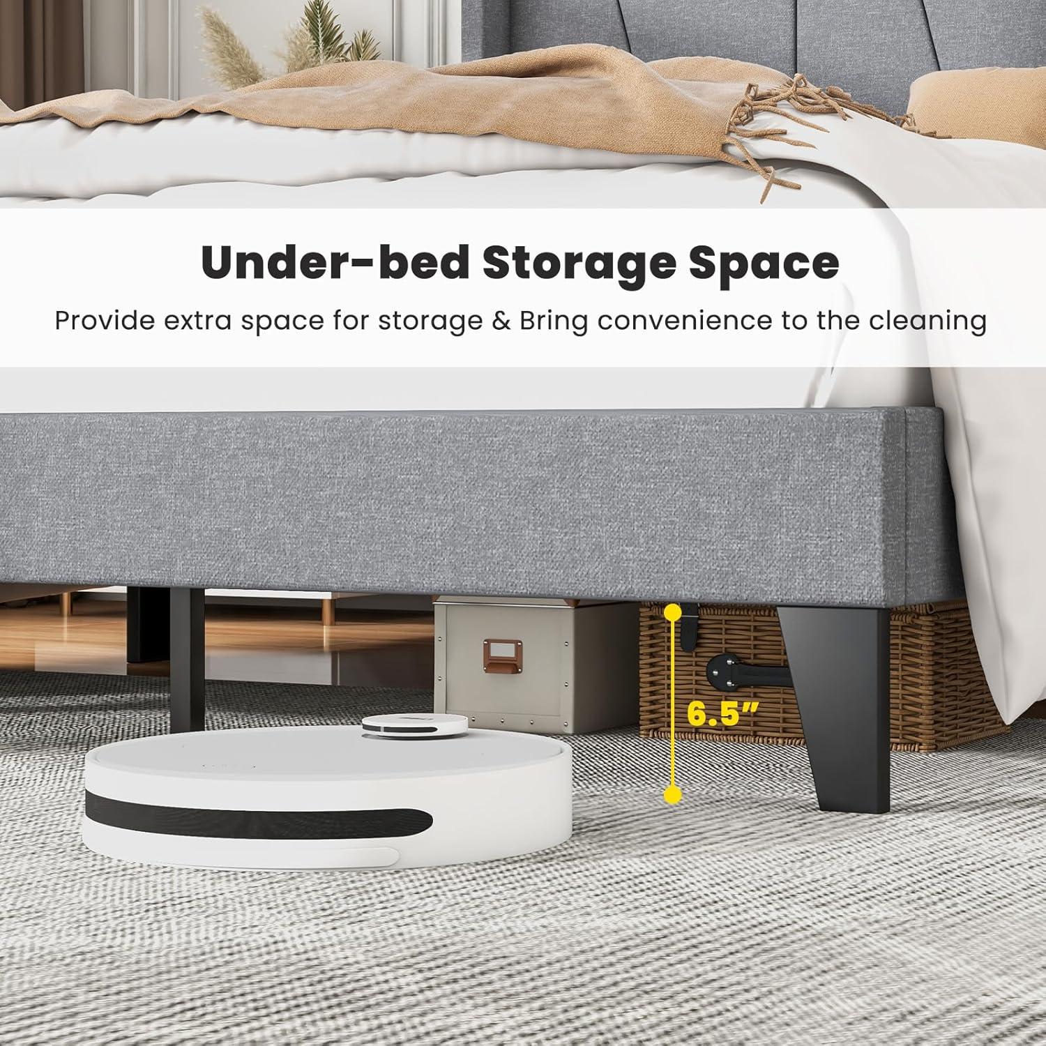 image:imageGiantex Queen Bed Frame with Wingback Headboard Modern Upholstered Platform Bed with 2 Side Storage Pockets and Wooden Slats No Box Spring Needed Bed Frame Queen Size Grey Queen GT10704HUGrey