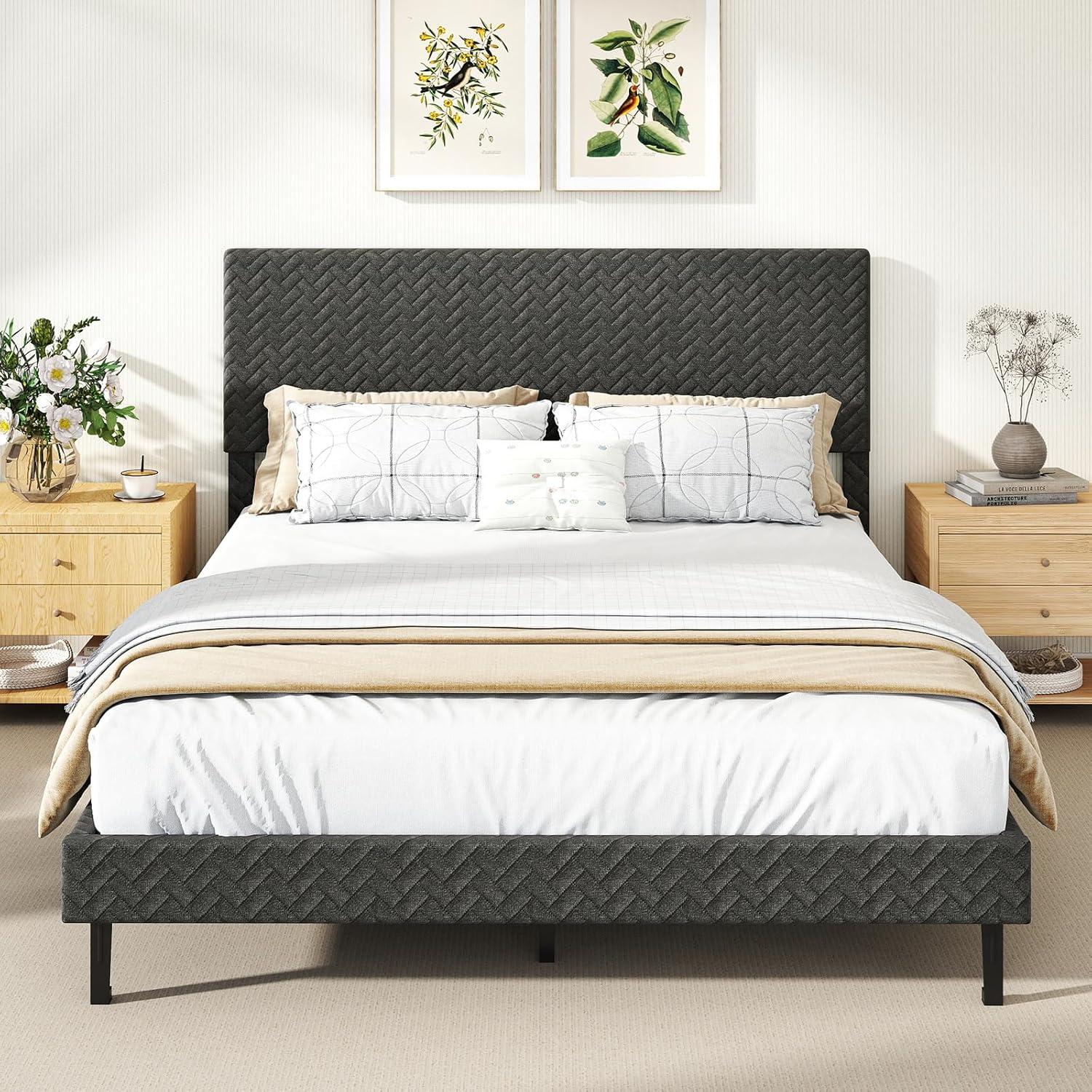 image:imageGiantex Queen Size Bed Frame Linen Upholstered Platform Bed wHeight Adjustable Chevron Headboard Wooden Slats Support Mattress Foundation 65 UnderBed Storage No Box Spring Needed GreyGrey