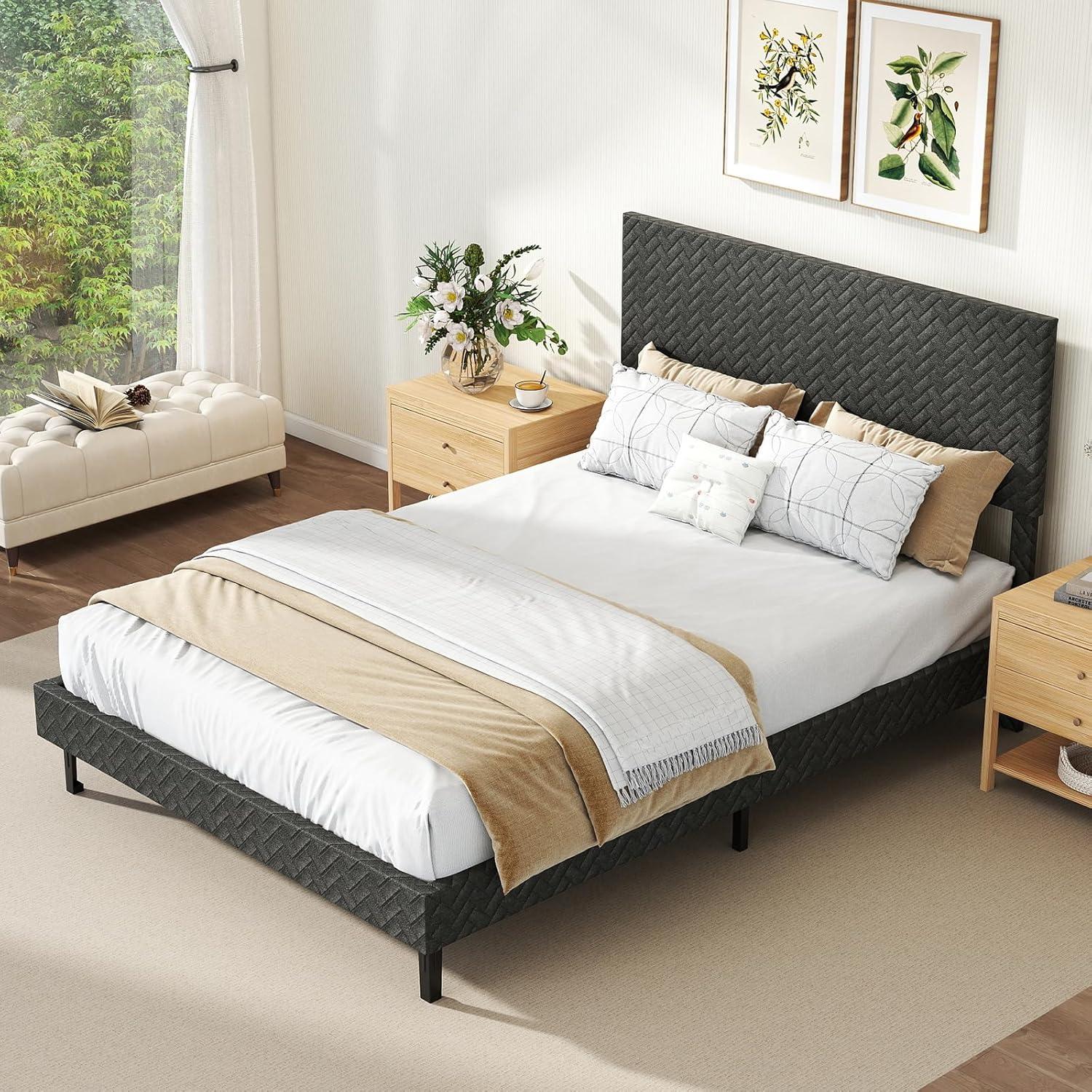 image:imageGiantex Queen Size Bed Frame Linen Upholstered Platform Bed wHeight Adjustable Chevron Headboard Wooden Slats Support Mattress Foundation 65 UnderBed Storage No Box Spring Needed GreyGrey