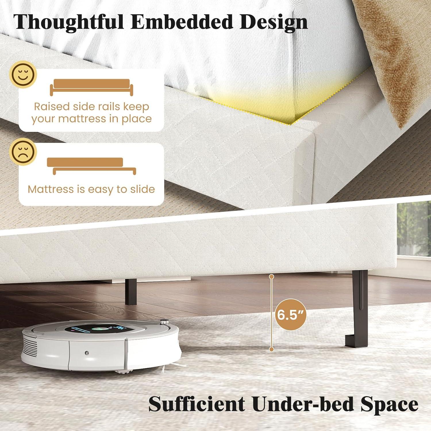 image:imageGiantex Queen Size Bed Frame Linen Upholstered Platform Bed wHeight Adjustable Chevron Headboard Wooden Slats Support Mattress Foundation 65 UnderBed Storage No Box Spring Needed GreyBeige