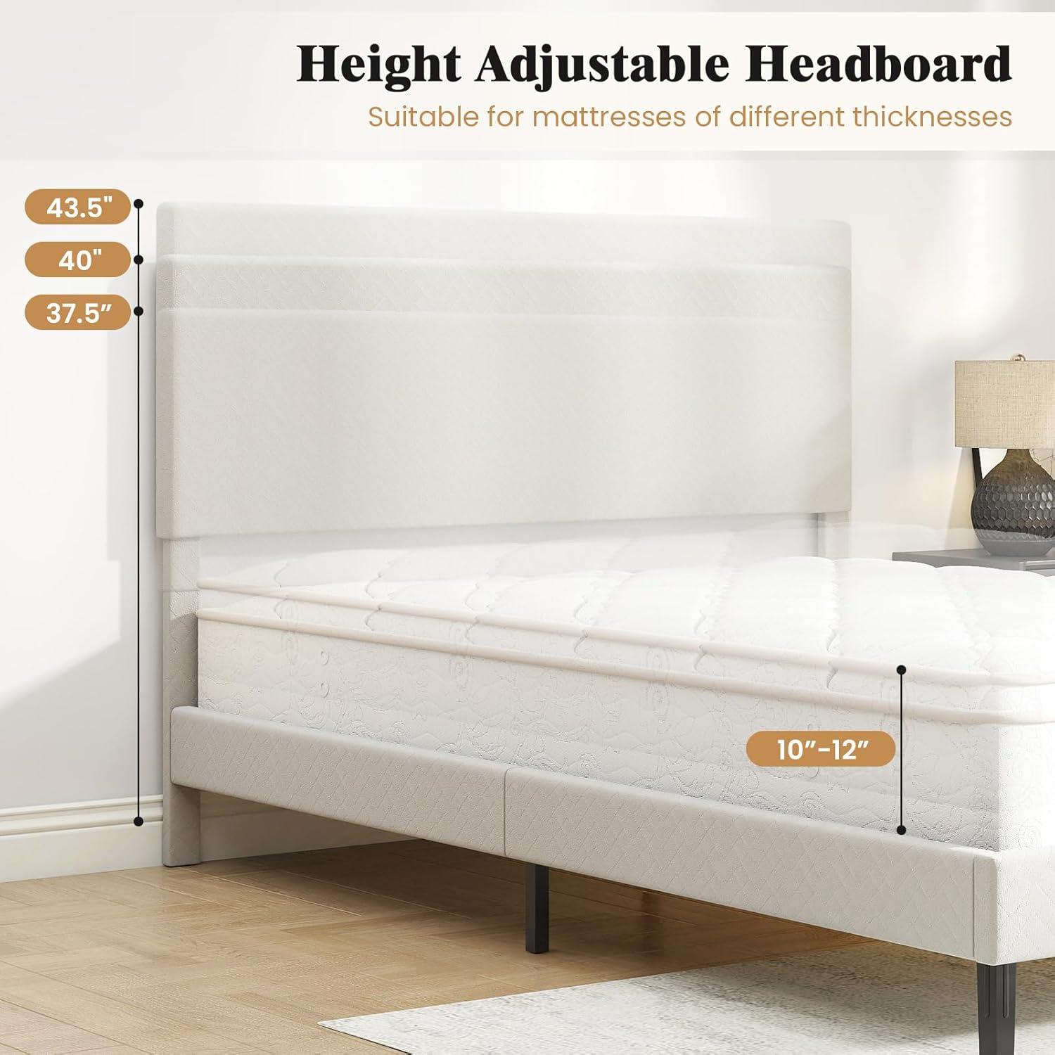 image:imageGiantex Queen Size Bed Frame Linen Upholstered Platform Bed wHeight Adjustable Chevron Headboard Wooden Slats Support Mattress Foundation 65 UnderBed Storage No Box Spring Needed GreyBeige