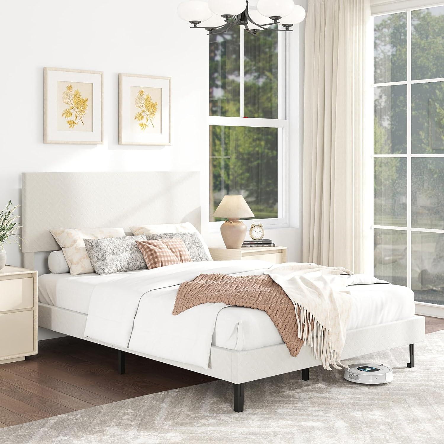 image:imageGiantex Queen Size Bed Frame Linen Upholstered Platform Bed wHeight Adjustable Chevron Headboard Wooden Slats Support Mattress Foundation 65 UnderBed Storage No Box Spring Needed GreyBeige