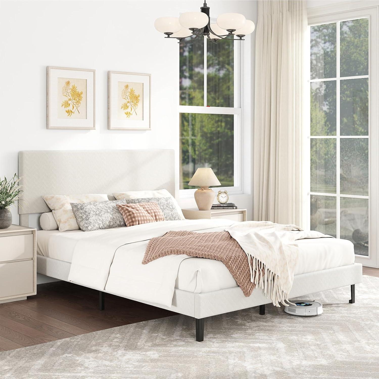 image:imageGiantex Queen Size Bed Frame Linen Upholstered Platform Bed wHeight Adjustable Chevron Headboard Wooden Slats Support Mattress Foundation 65 UnderBed Storage No Box Spring Needed GreyBeige