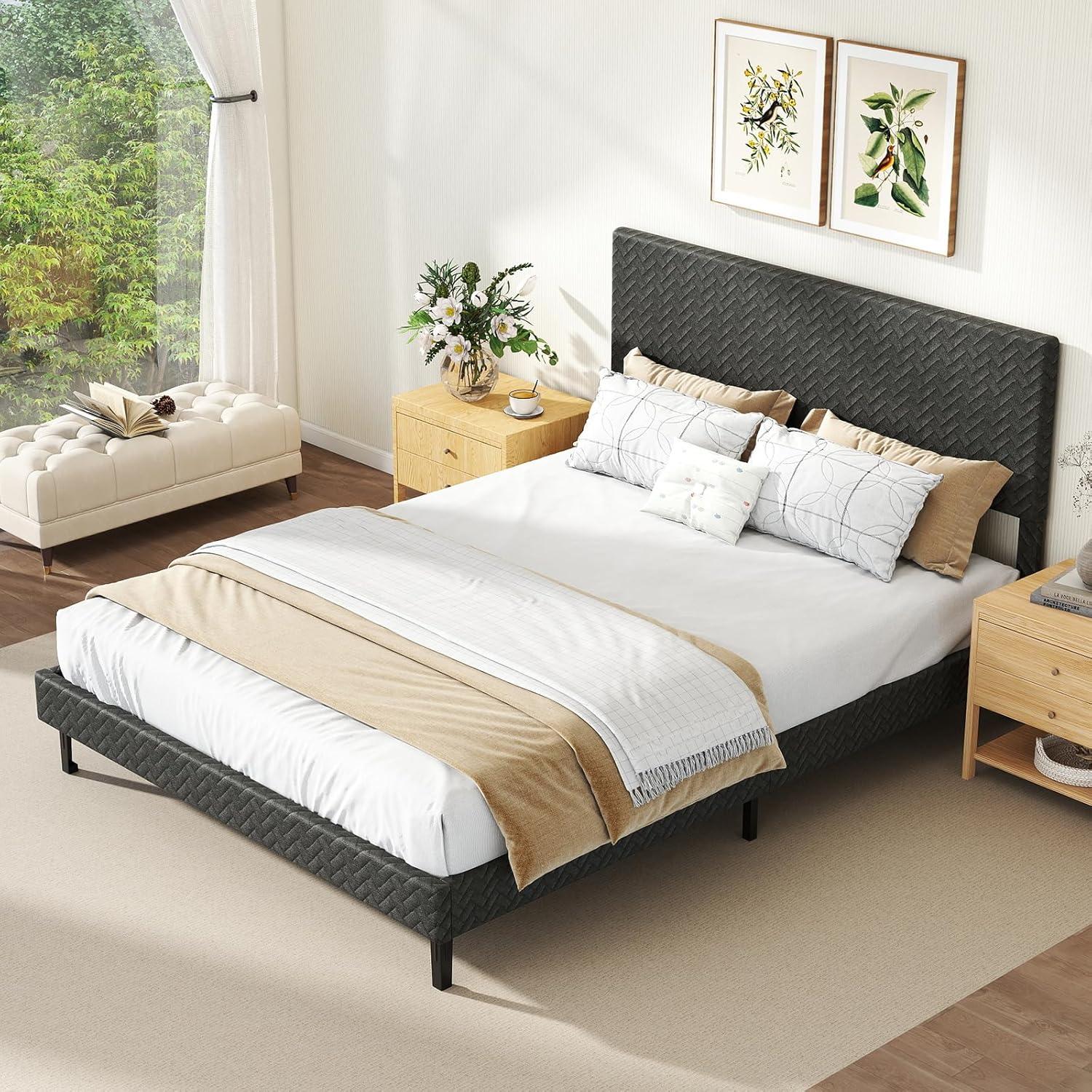 image:imageGiantex Queen Size Bed Frame Linen Upholstered Platform Bed wHeight Adjustable Chevron Headboard Wooden Slats Support Mattress Foundation 65 UnderBed Storage No Box Spring Needed GreyGrey