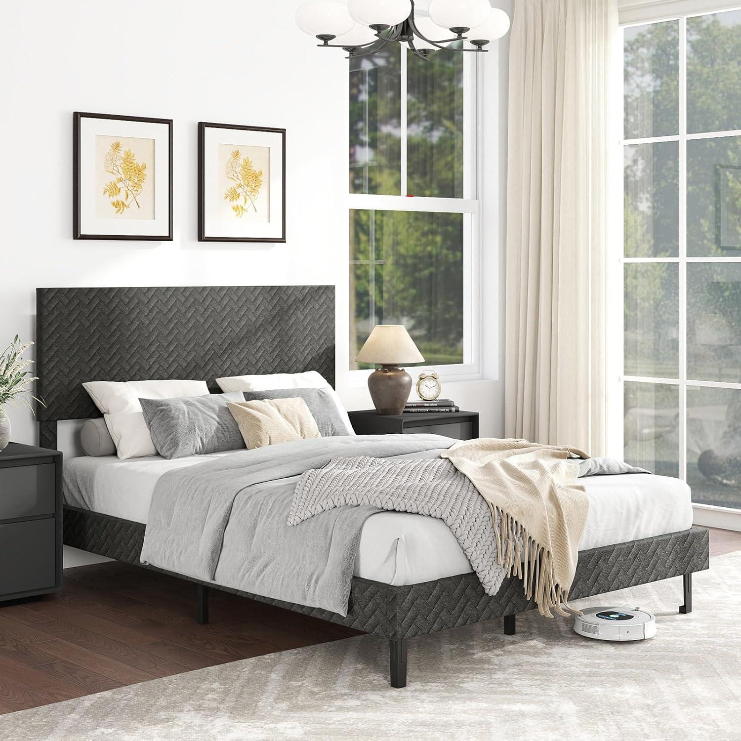 image:imageGiantex Queen Size Bed Frame Linen Upholstered Platform Bed wHeight Adjustable Chevron Headboard Wooden Slats Support Mattress Foundation 65 UnderBed Storage No Box Spring Needed GreyGrey
