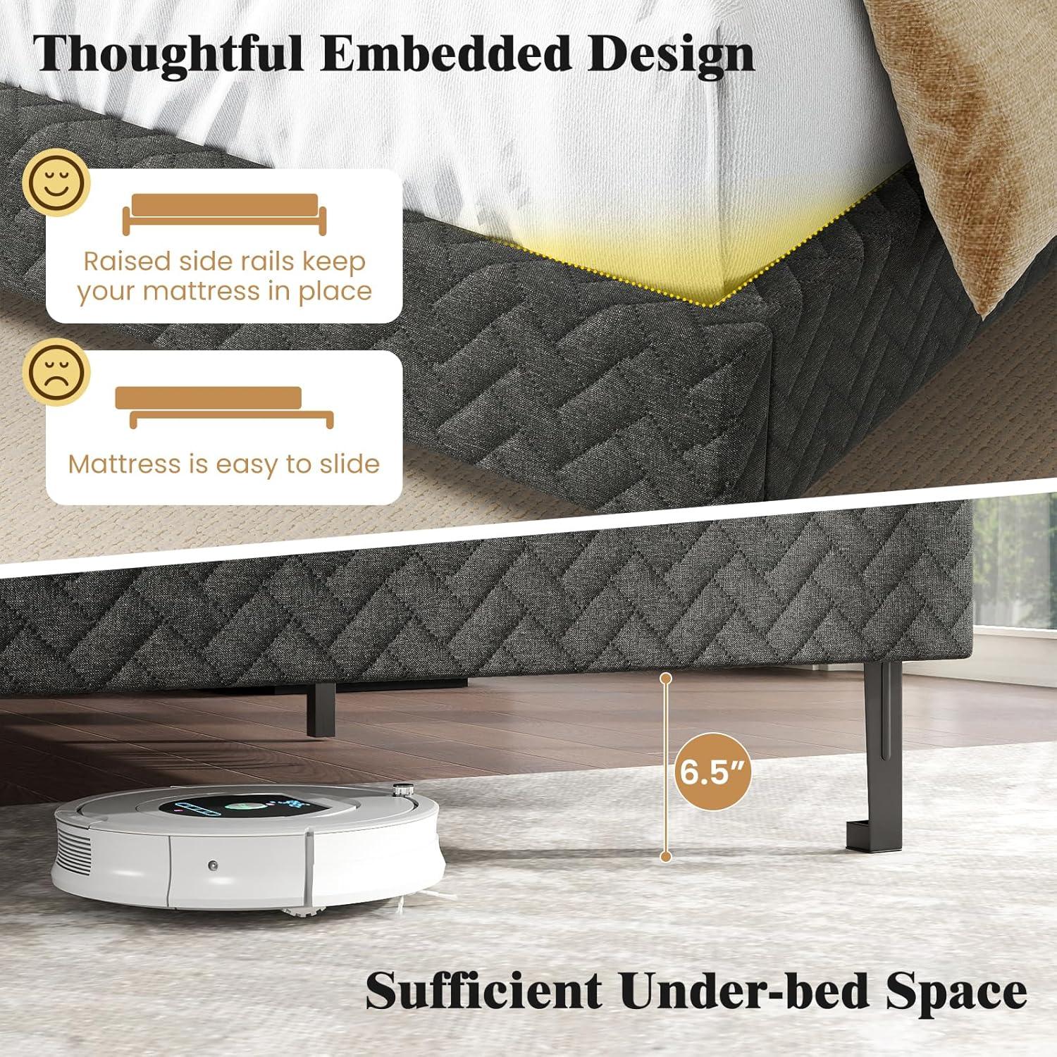 image:imageGiantex Queen Size Bed Frame Linen Upholstered Platform Bed wHeight Adjustable Chevron Headboard Wooden Slats Support Mattress Foundation 65 UnderBed Storage No Box Spring Needed GreyGrey