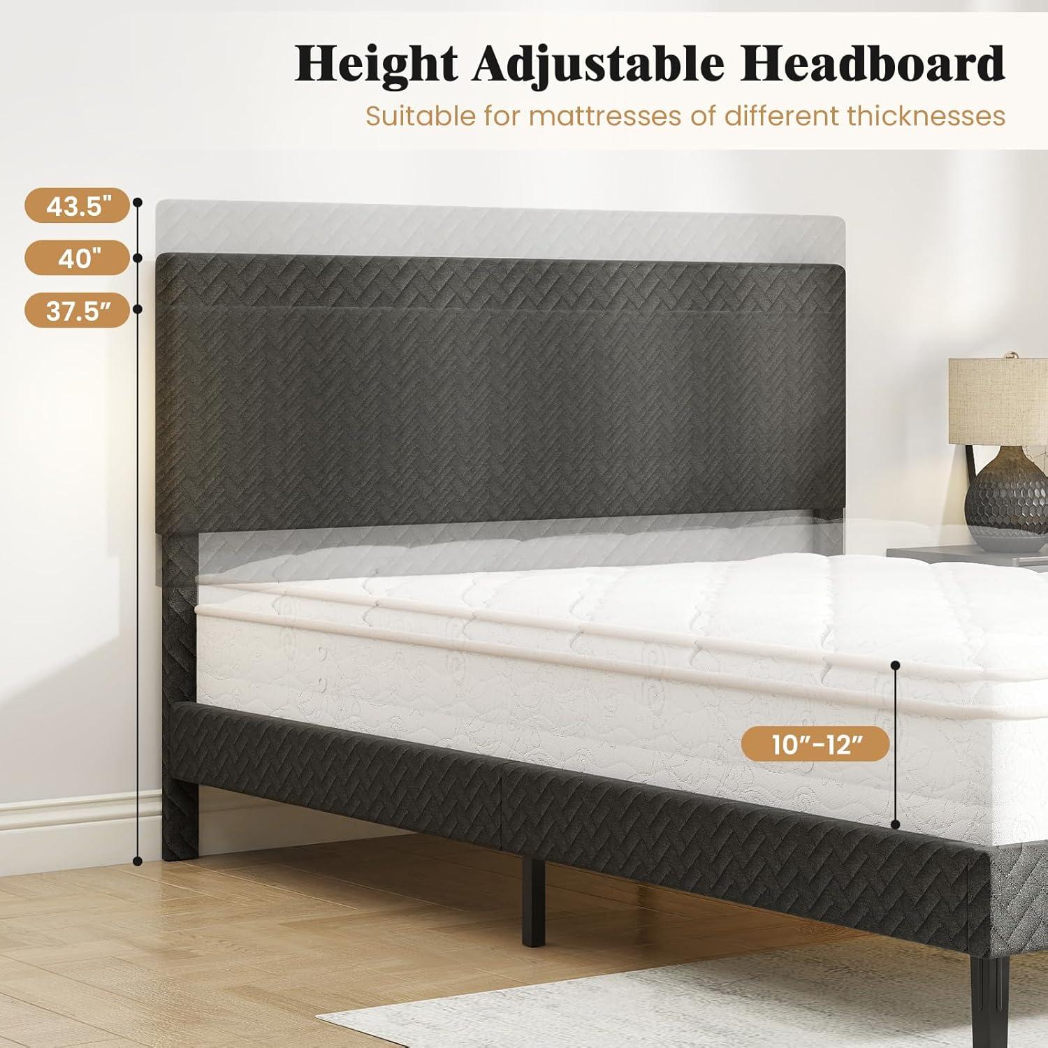image:imageGiantex Queen Size Bed Frame Linen Upholstered Platform Bed wHeight Adjustable Chevron Headboard Wooden Slats Support Mattress Foundation 65 UnderBed Storage No Box Spring Needed GreyGrey