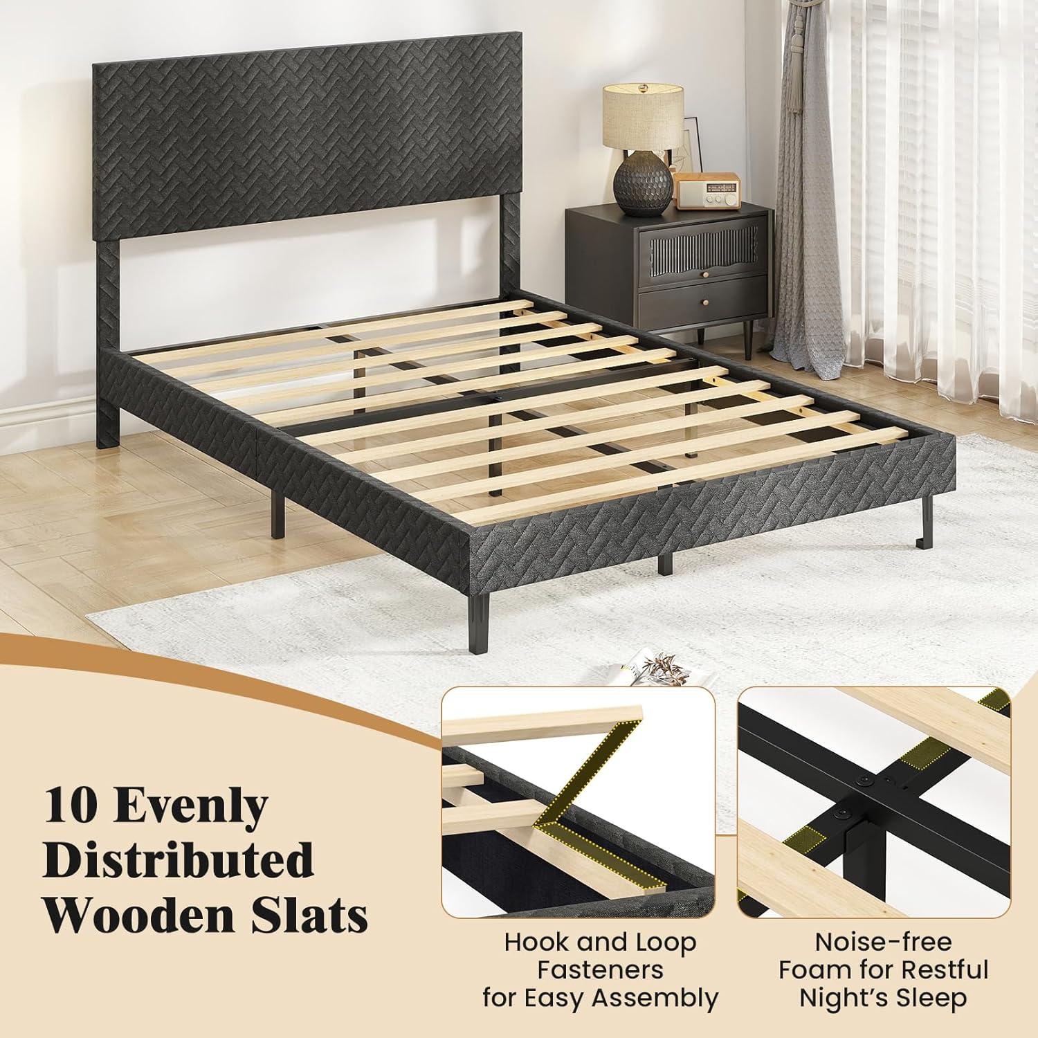 image:imageGiantex Queen Size Bed Frame Linen Upholstered Platform Bed wHeight Adjustable Chevron Headboard Wooden Slats Support Mattress Foundation 65 UnderBed Storage No Box Spring Needed GreyGrey
