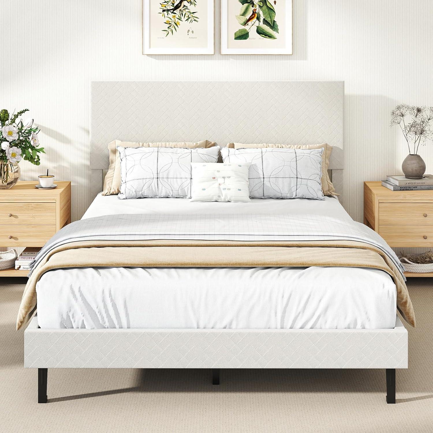 image:imageGiantex Queen Size Bed Frame Linen Upholstered Platform Bed wHeight Adjustable Chevron Headboard Wooden Slats Support Mattress Foundation 65 UnderBed Storage No Box Spring Needed GreyBeige