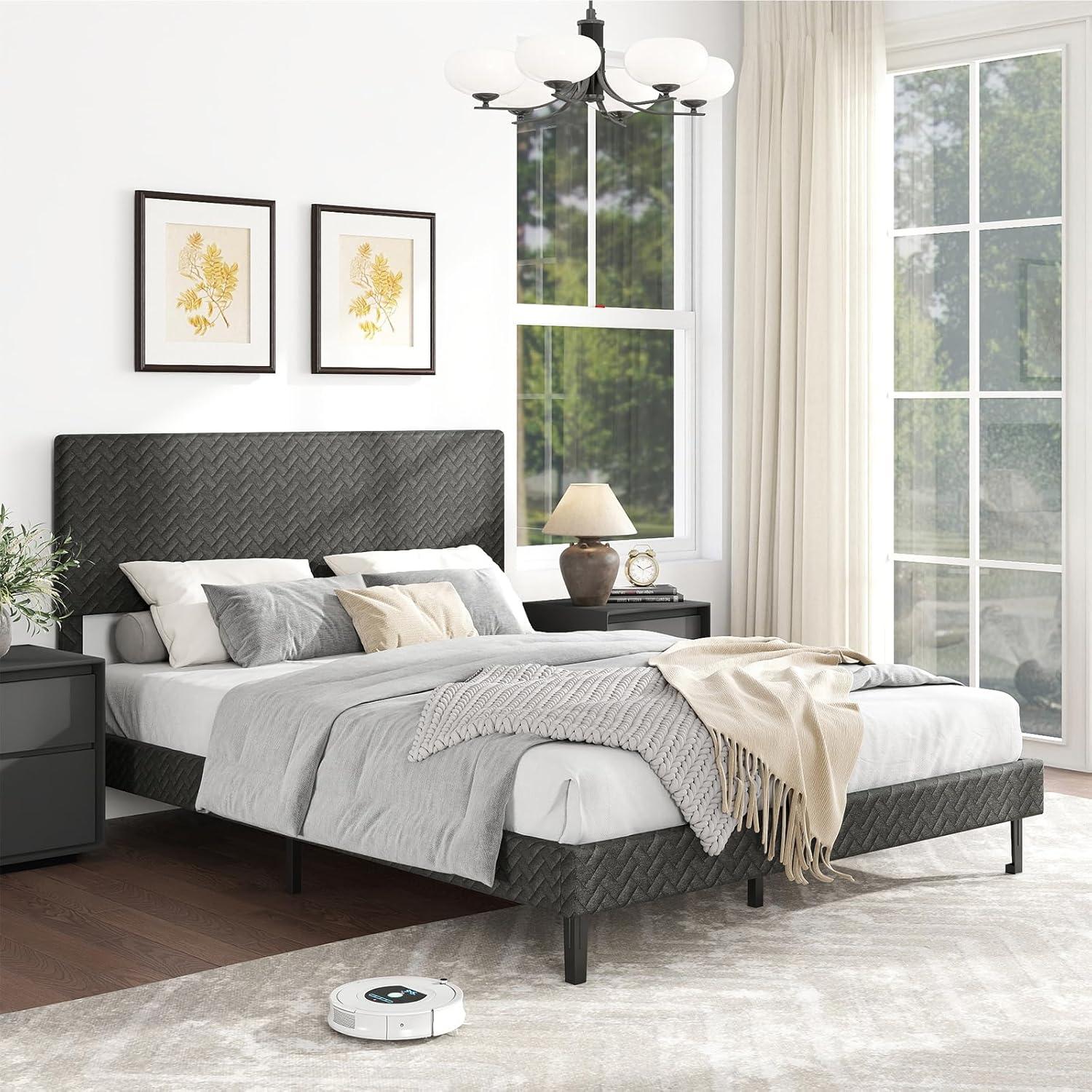 image:imageGiantex Queen Size Bed Frame Linen Upholstered Platform Bed wHeight Adjustable Chevron Headboard Wooden Slats Support Mattress Foundation 65 UnderBed Storage No Box Spring Needed GreyGrey