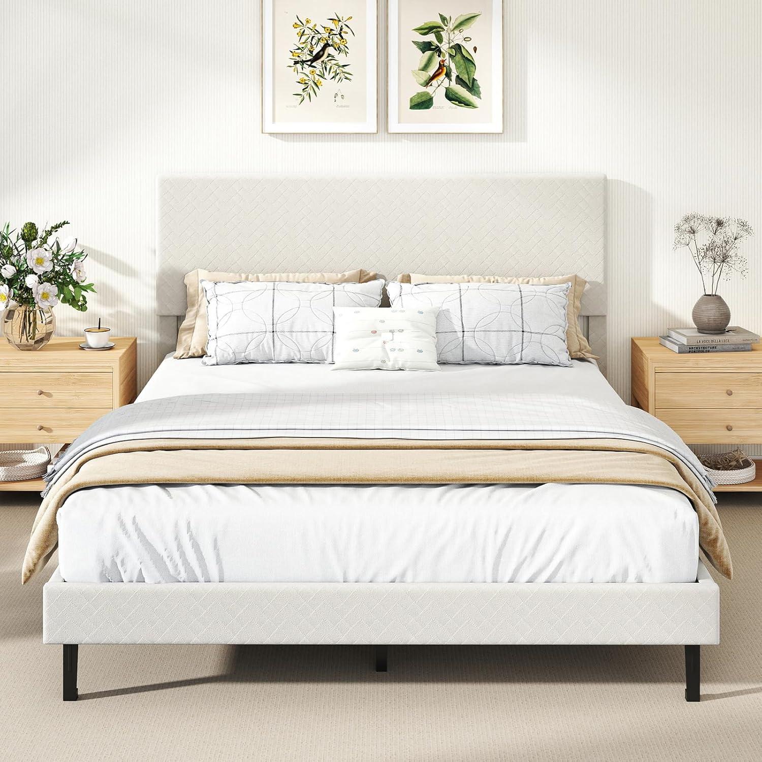 image:imageGiantex Queen Size Bed Frame Linen Upholstered Platform Bed wHeight Adjustable Chevron Headboard Wooden Slats Support Mattress Foundation 65 UnderBed Storage No Box Spring Needed GreyBeige