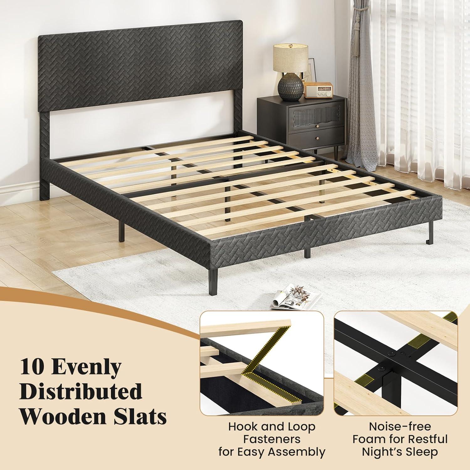 image:imageGiantex Queen Size Bed Frame Linen Upholstered Platform Bed wHeight Adjustable Chevron Headboard Wooden Slats Support Mattress Foundation 65 UnderBed Storage No Box Spring Needed GreyGrey