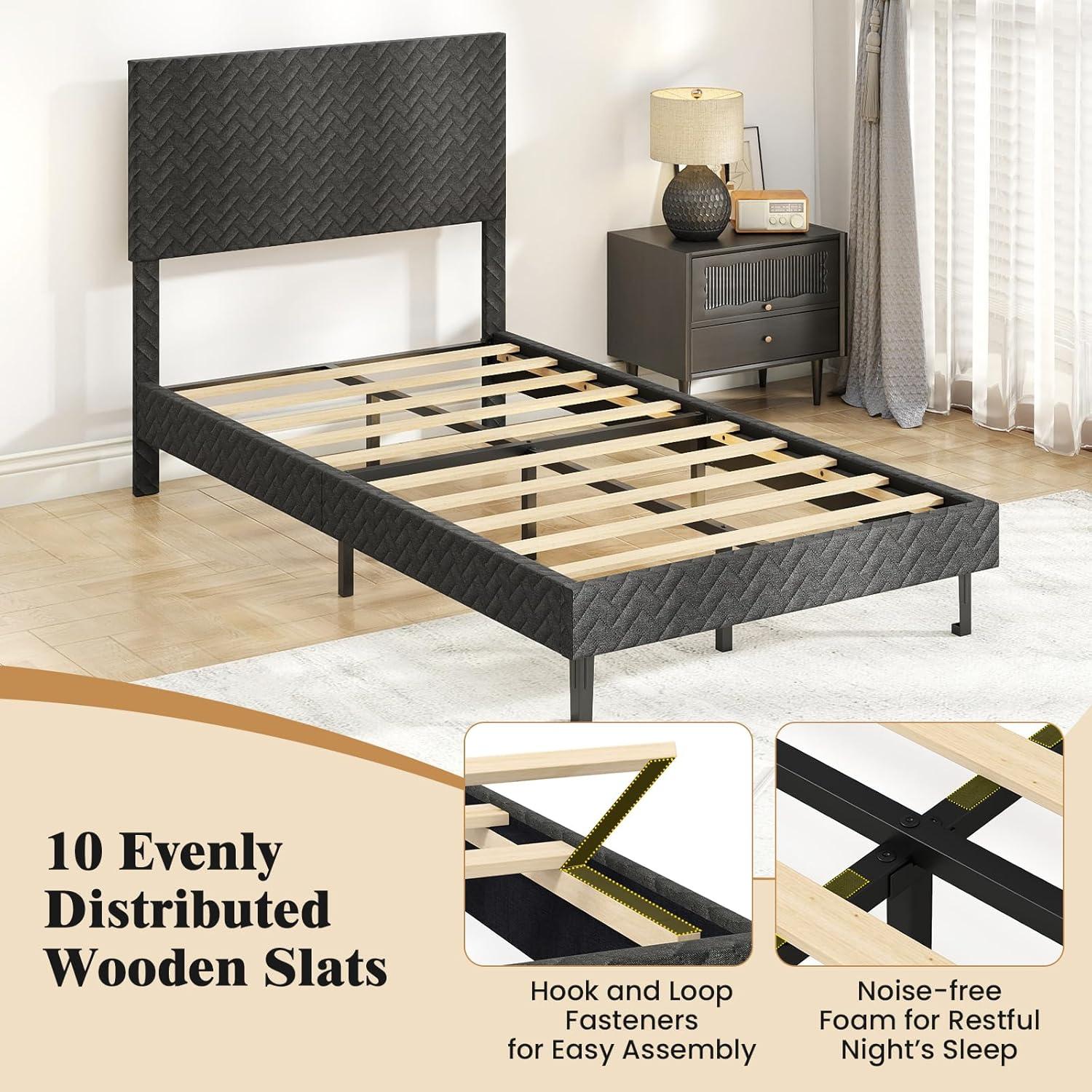 image:imageGiantex Queen Size Bed Frame Linen Upholstered Platform Bed wHeight Adjustable Chevron Headboard Wooden Slats Support Mattress Foundation 65 UnderBed Storage No Box Spring Needed GreyGrey