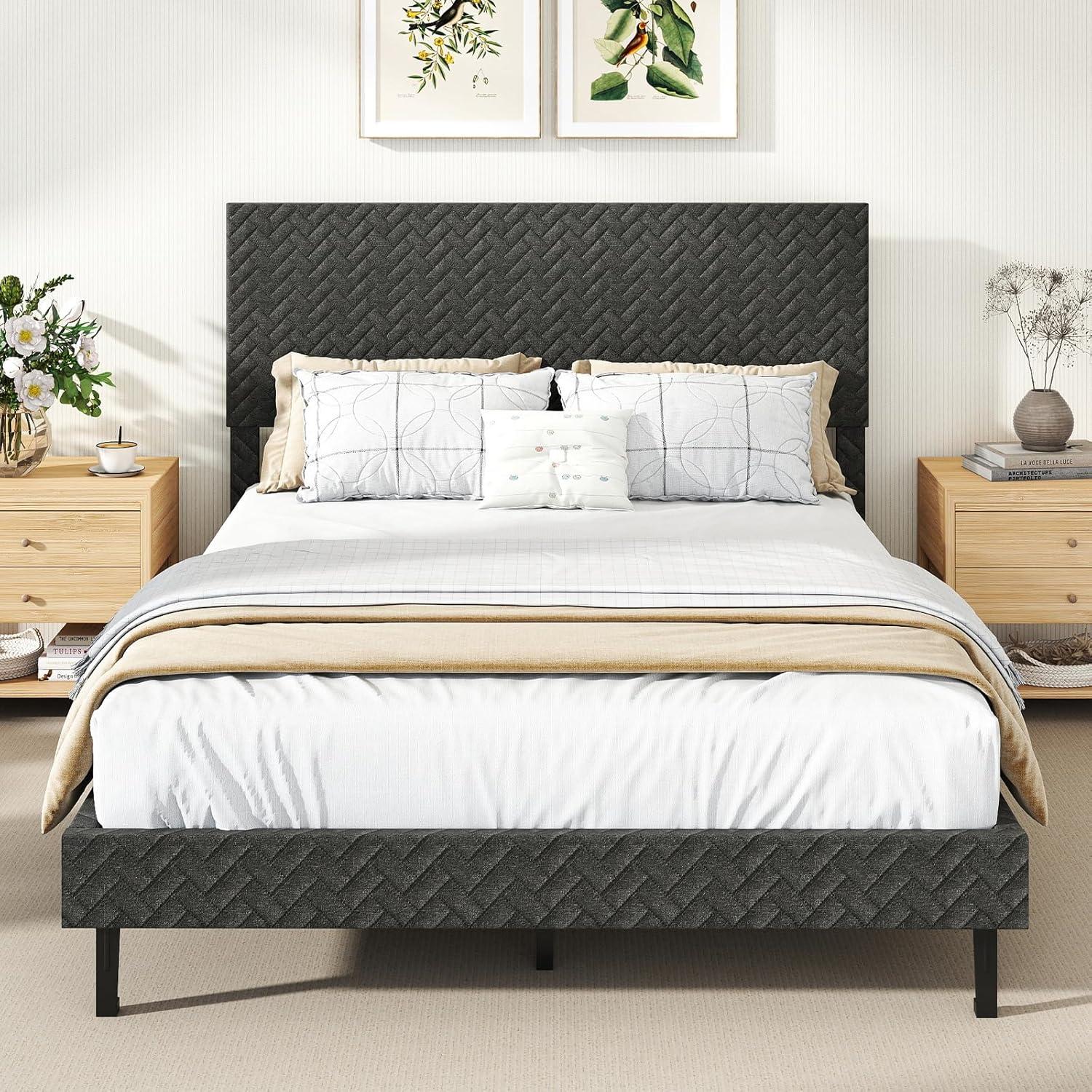 image:imageGiantex Queen Size Bed Frame Linen Upholstered Platform Bed wHeight Adjustable Chevron Headboard Wooden Slats Support Mattress Foundation 65 UnderBed Storage No Box Spring Needed GreyGrey