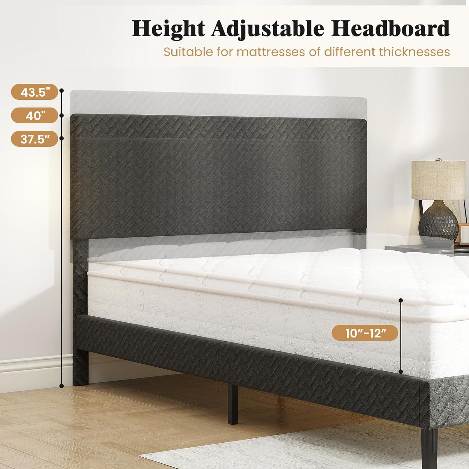 image:imageGiantex Queen Size Bed Frame Linen Upholstered Platform Bed wHeight Adjustable Chevron Headboard Wooden Slats Support Mattress Foundation 65 UnderBed Storage No Box Spring Needed GreyGrey