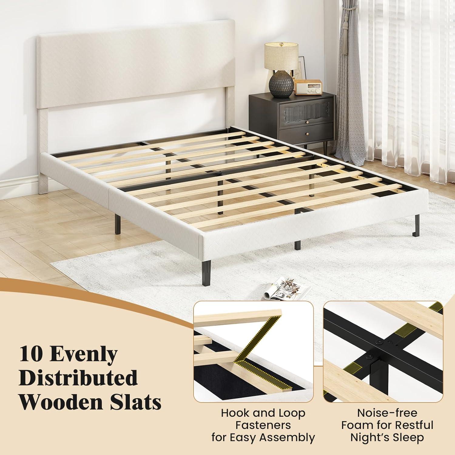 image:imageGiantex Queen Size Bed Frame Linen Upholstered Platform Bed wHeight Adjustable Chevron Headboard Wooden Slats Support Mattress Foundation 65 UnderBed Storage No Box Spring Needed GreyBeige