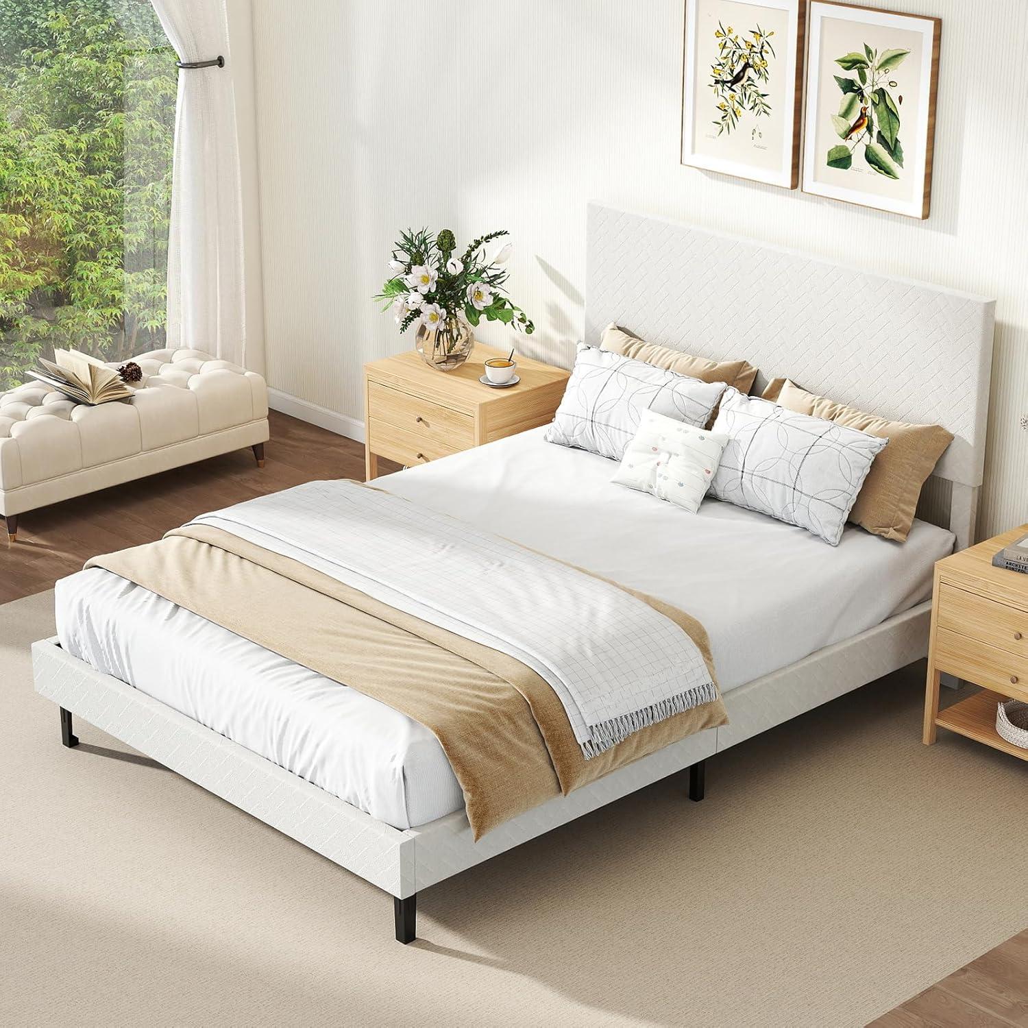 image:imageGiantex Queen Size Bed Frame Linen Upholstered Platform Bed wHeight Adjustable Chevron Headboard Wooden Slats Support Mattress Foundation 65 UnderBed Storage No Box Spring Needed GreyBeige