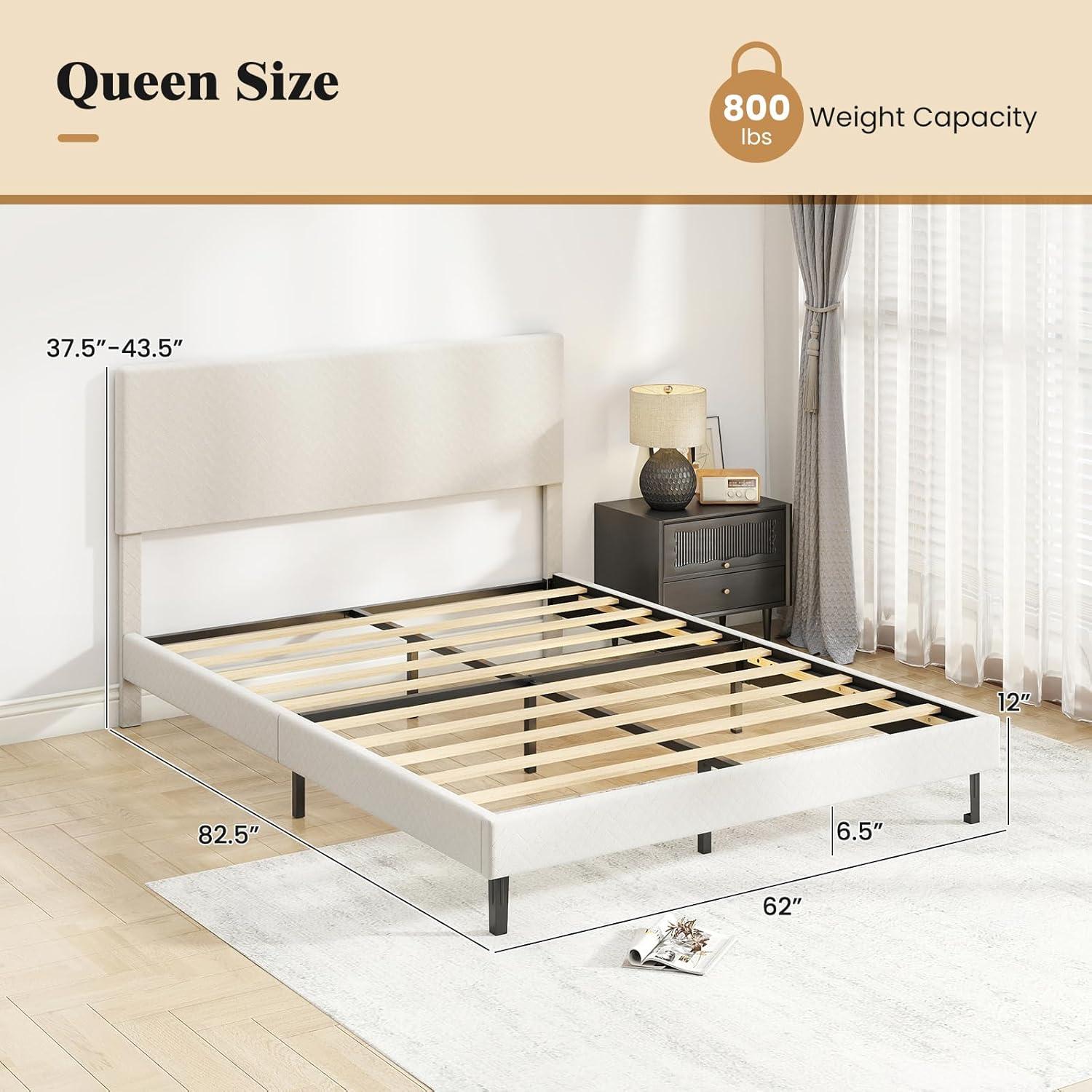 image:imageGiantex Queen Size Bed Frame Linen Upholstered Platform Bed wHeight Adjustable Chevron Headboard Wooden Slats Support Mattress Foundation 65 UnderBed Storage No Box Spring Needed GreyBeige