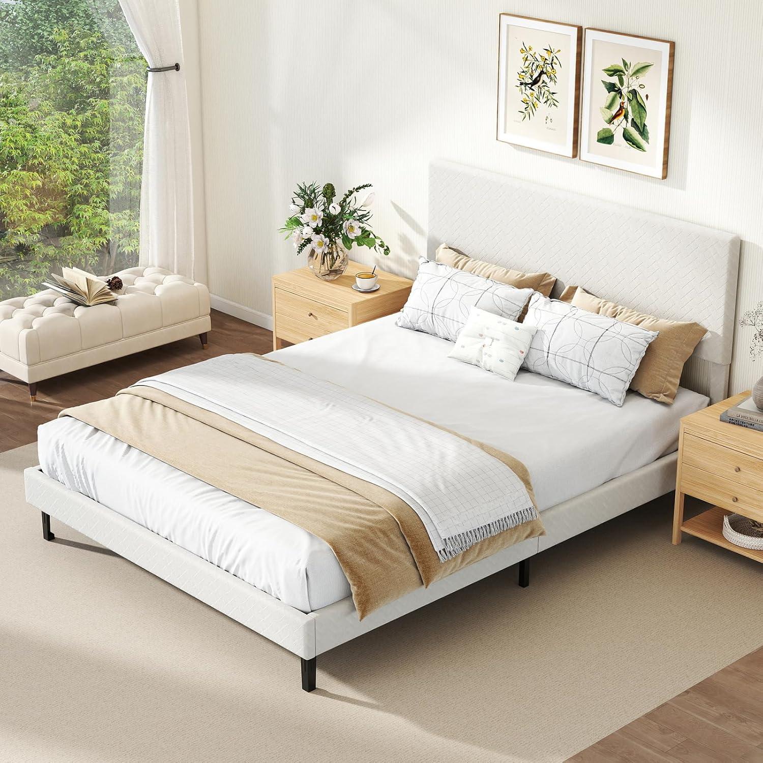 image:imageGiantex Queen Size Bed Frame Linen Upholstered Platform Bed wHeight Adjustable Chevron Headboard Wooden Slats Support Mattress Foundation 65 UnderBed Storage No Box Spring Needed GreyBeige