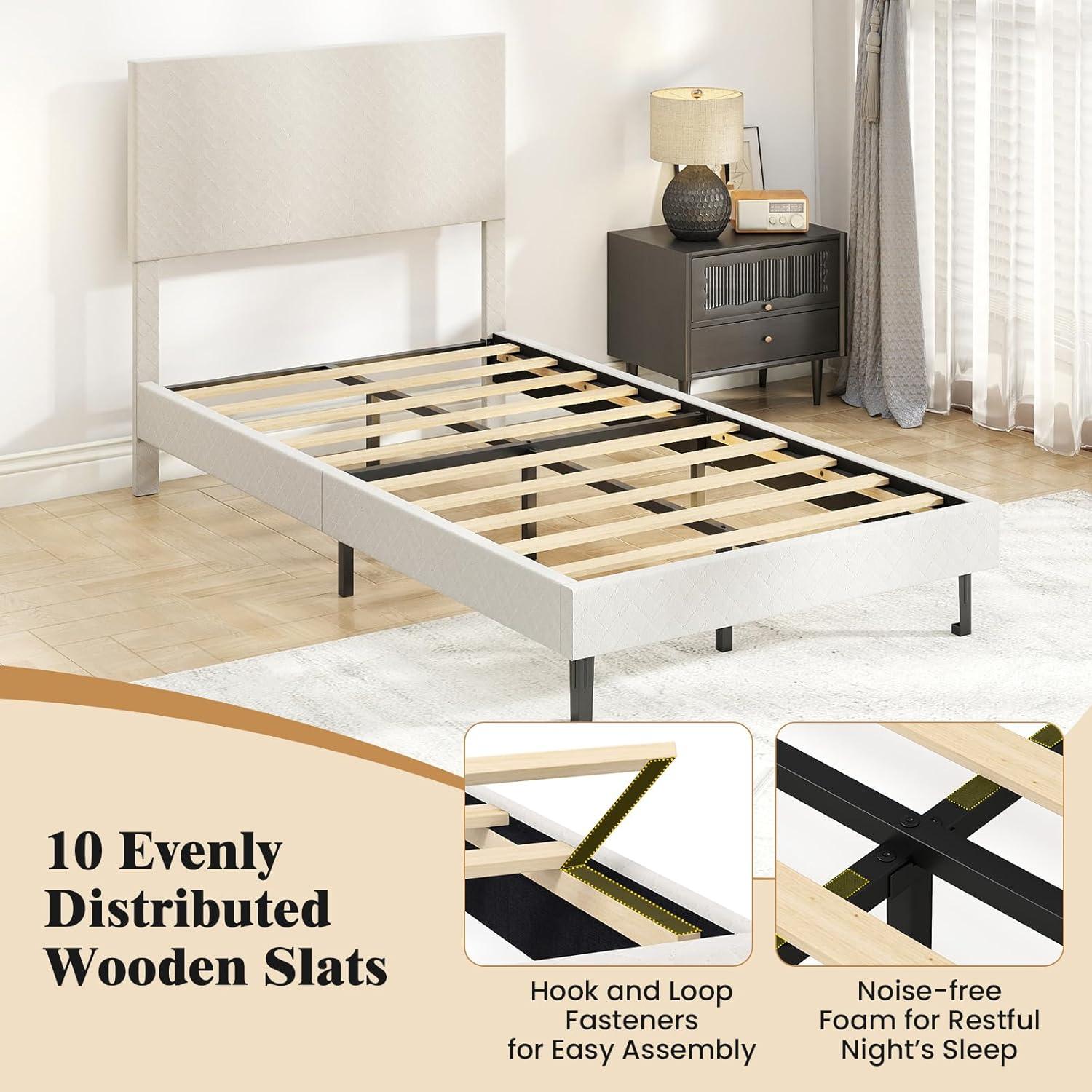 image:imageGiantex Queen Size Bed Frame Linen Upholstered Platform Bed wHeight Adjustable Chevron Headboard Wooden Slats Support Mattress Foundation 65 UnderBed Storage No Box Spring Needed GreyBeige