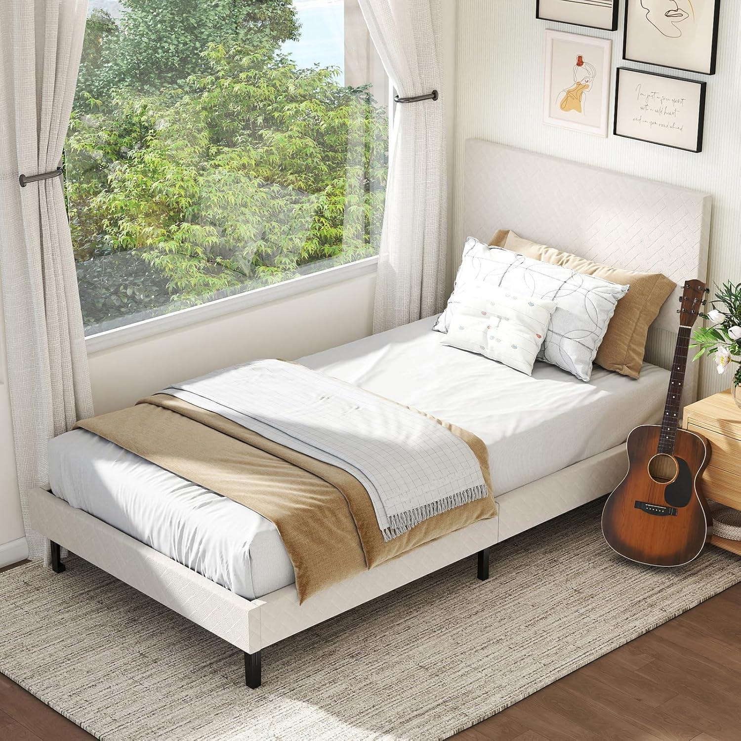 image:imageGiantex Queen Size Bed Frame Linen Upholstered Platform Bed wHeight Adjustable Chevron Headboard Wooden Slats Support Mattress Foundation 65 UnderBed Storage No Box Spring Needed GreyBeige
