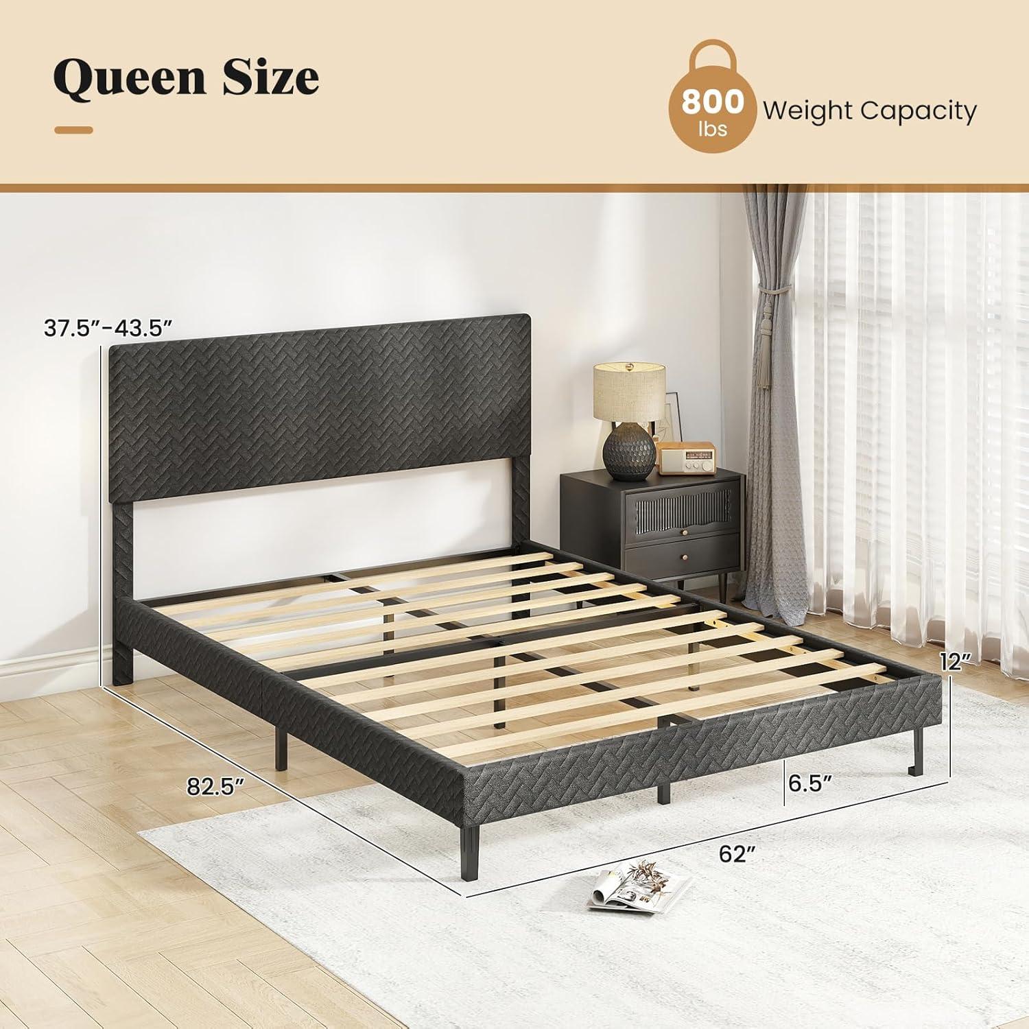 image:imageGiantex Queen Size Bed Frame Linen Upholstered Platform Bed wHeight Adjustable Chevron Headboard Wooden Slats Support Mattress Foundation 65 UnderBed Storage No Box Spring Needed GreyGrey