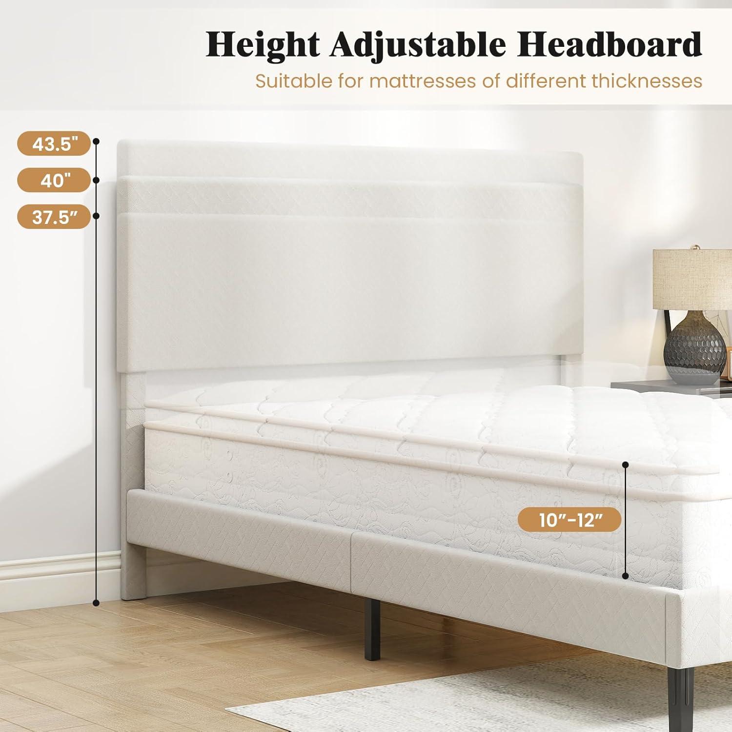 image:imageGiantex Queen Size Bed Frame Linen Upholstered Platform Bed wHeight Adjustable Chevron Headboard Wooden Slats Support Mattress Foundation 65 UnderBed Storage No Box Spring Needed GreyBeige
