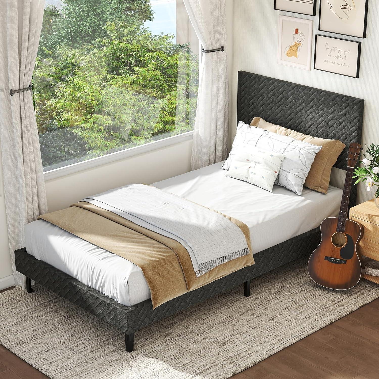 image:imageGiantex Queen Size Bed Frame Linen Upholstered Platform Bed wHeight Adjustable Chevron Headboard Wooden Slats Support Mattress Foundation 65 UnderBed Storage No Box Spring Needed GreyGrey