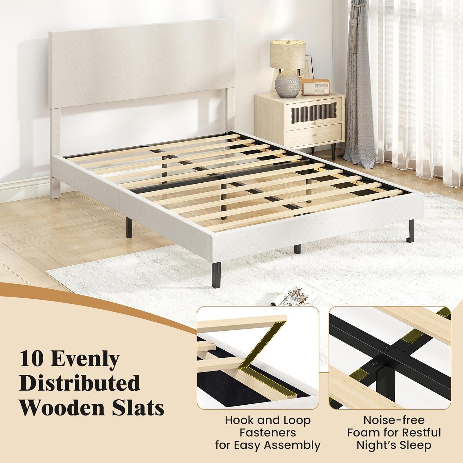 image:imageGiantex Queen Size Bed Frame Linen Upholstered Platform Bed wHeight Adjustable Chevron Headboard Wooden Slats Support Mattress Foundation 65 UnderBed Storage No Box Spring Needed GreyBeige