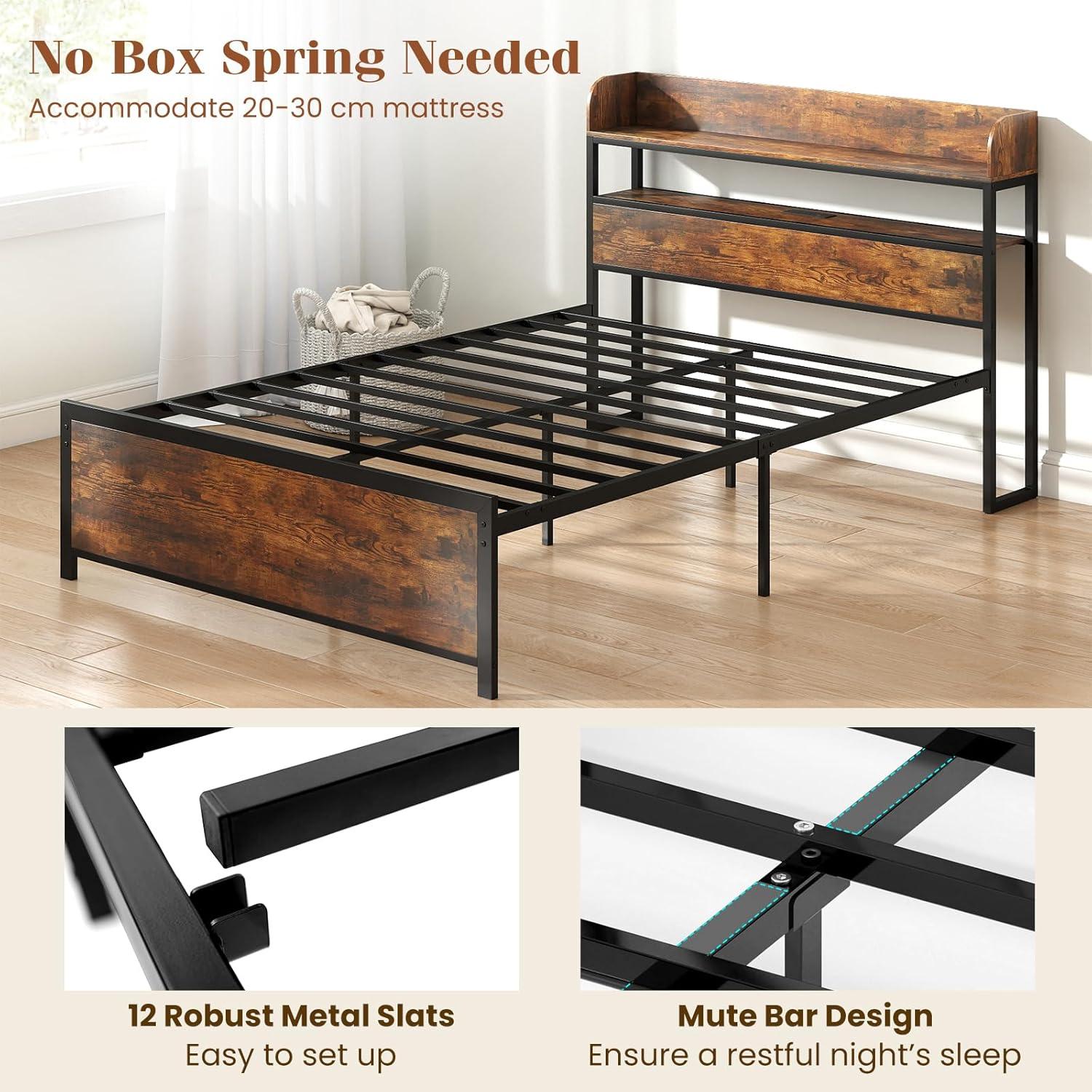 image:imageGiantex Queen Size Bed Frame with Storage Headboard Metal Platform Bed wLED Light amp Charging Station Linen Upholstered Headboard Heavy Duty Slat Support No Box Spring Needed NoiseFreeRustic Brownblack