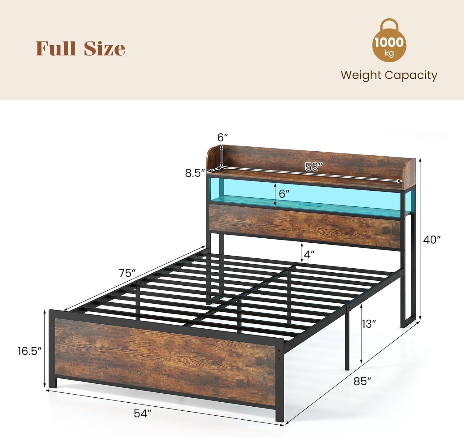 image:imageGiantex Queen Size Bed Frame with Storage Headboard Metal Platform Bed wLED Light amp Charging Station Linen Upholstered Headboard Heavy Duty Slat Support No Box Spring Needed NoiseFreeRustic Brownblack