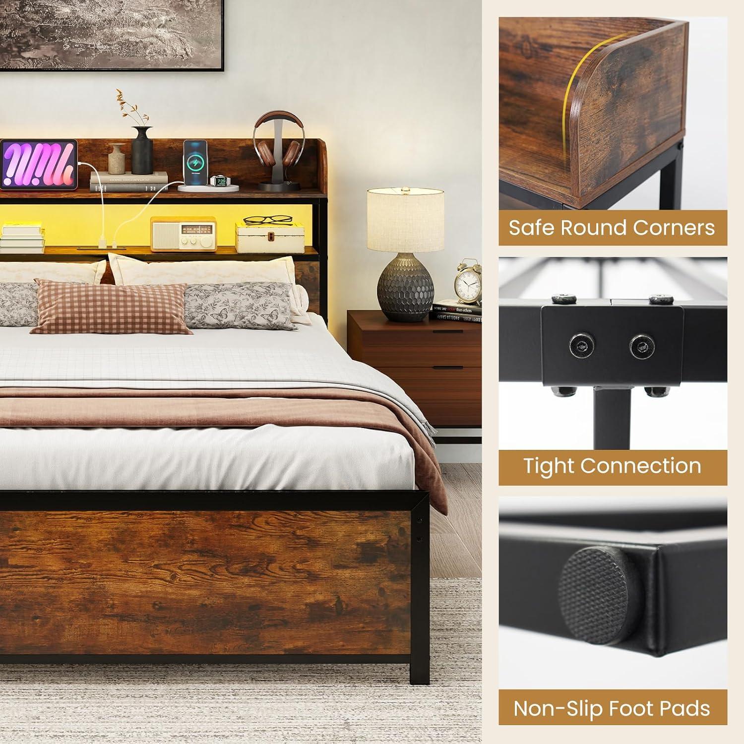 image:imageGiantex Queen Size Bed Frame with Storage Headboard Metal Platform Bed wLED Light amp Charging Station Linen Upholstered Headboard Heavy Duty Slat Support No Box Spring Needed NoiseFreeRustic Brownblack