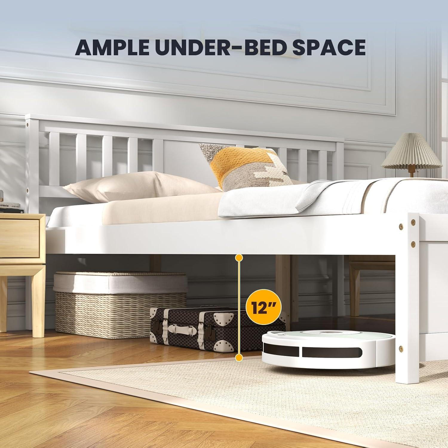 image:imageGiantex Queen Size Solid Wood Platform Bed Frame Mid Century Queen Bed Frame with Headboard Wooden Slat Support Queen Panel Bed No Box Spring Needed Easy Assembly WhiteWhite