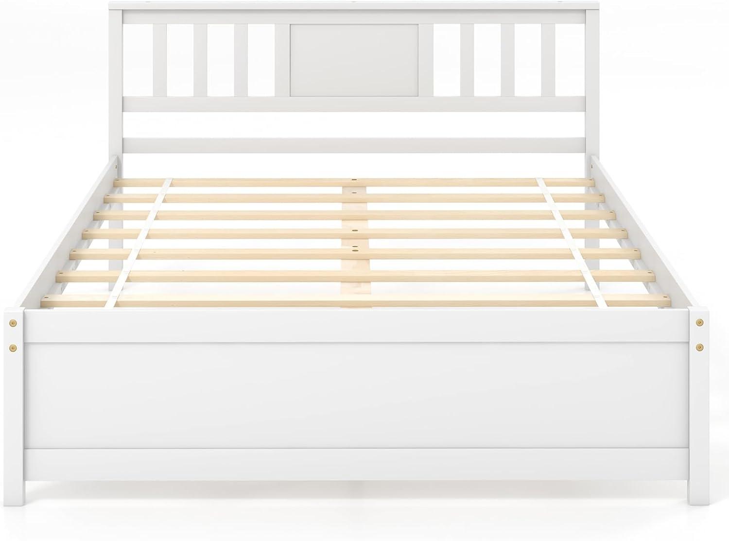 image:imageGiantex Queen Size Solid Wood Platform Bed Frame Mid Century Queen Bed Frame with Headboard Wooden Slat Support Queen Panel Bed No Box Spring Needed Easy Assembly WhiteWhite