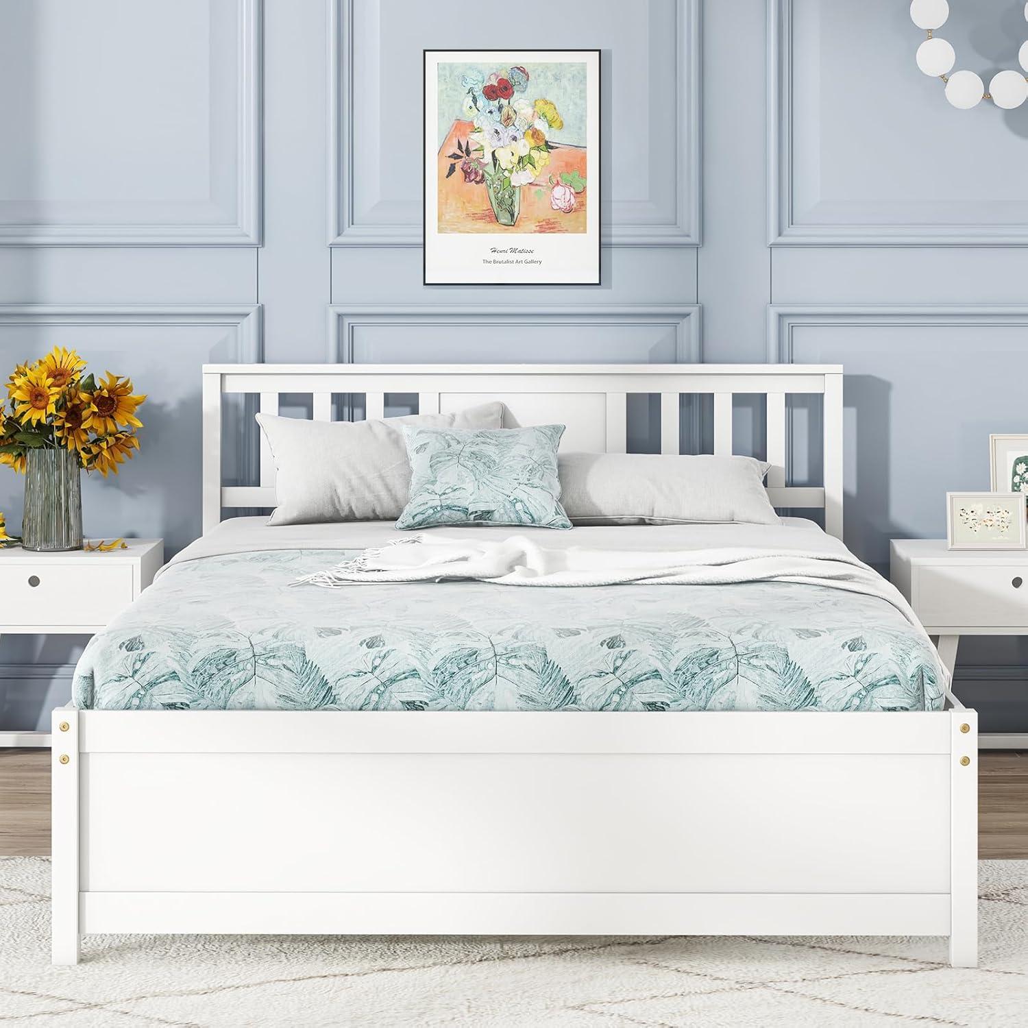 image:imageGiantex Queen Size Solid Wood Platform Bed Frame Mid Century Queen Bed Frame with Headboard Wooden Slat Support Queen Panel Bed No Box Spring Needed Easy Assembly WhiteWhite