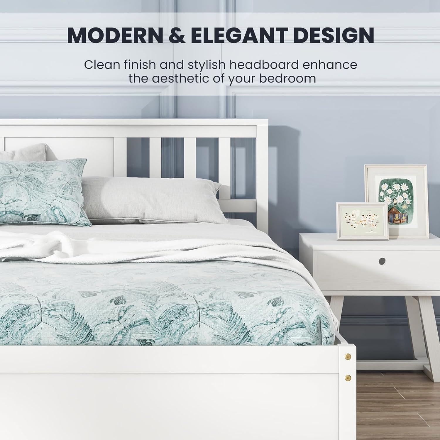image:imageGiantex Queen Size Solid Wood Platform Bed Frame Mid Century Queen Bed Frame with Headboard Wooden Slat Support Queen Panel Bed No Box Spring Needed Easy Assembly WhiteWhite