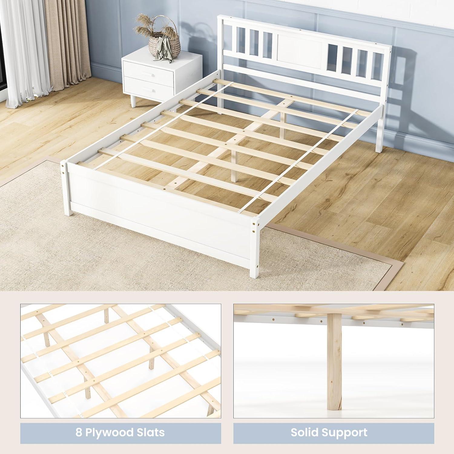 image:imageGiantex Queen Size Solid Wood Platform Bed Frame Mid Century Queen Bed Frame with Headboard Wooden Slat Support Queen Panel Bed No Box Spring Needed Easy Assembly WhiteWhite