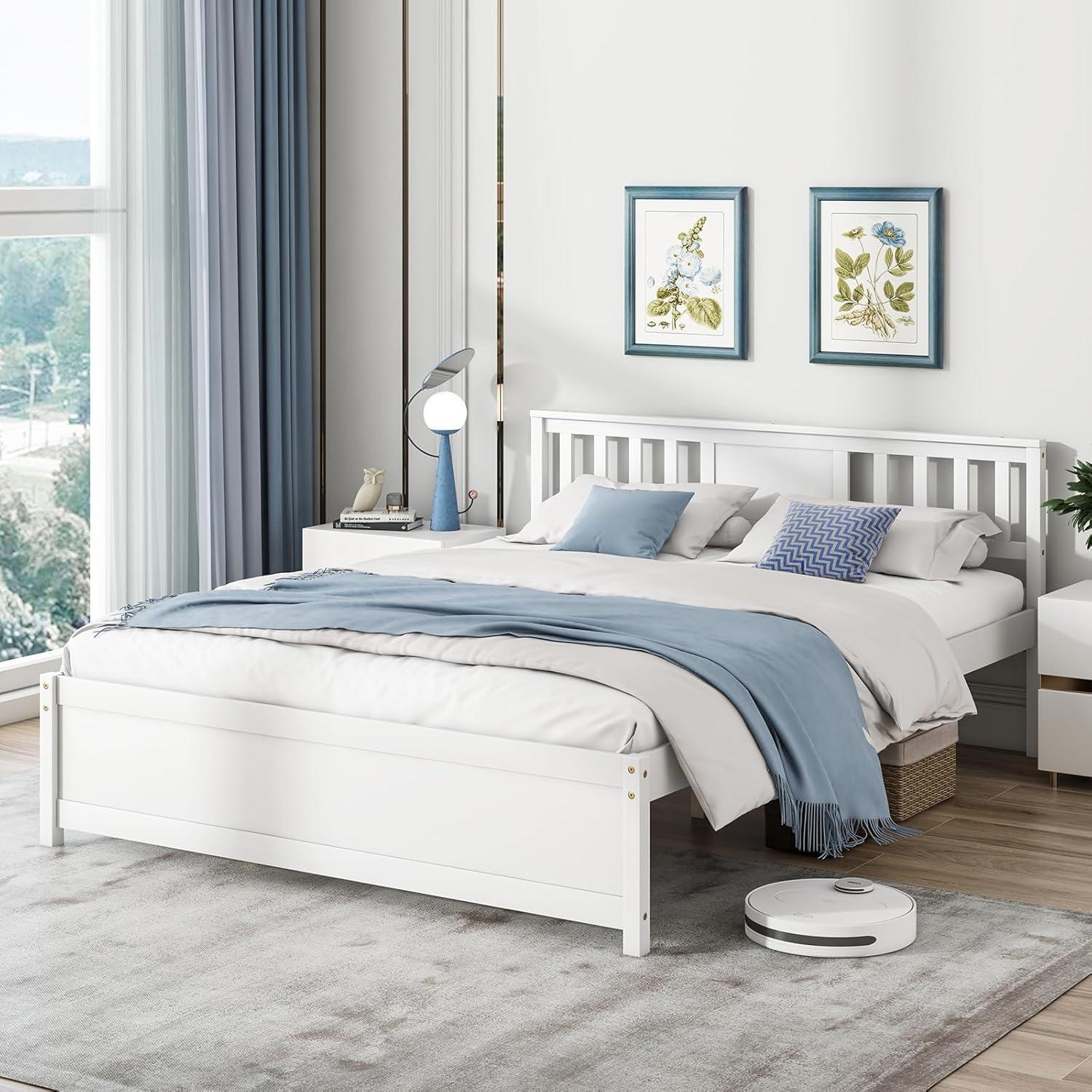 image:imageGiantex Queen Size Solid Wood Platform Bed Frame Mid Century Queen Bed Frame with Headboard Wooden Slat Support Queen Panel Bed No Box Spring Needed Easy Assembly WhiteWhite