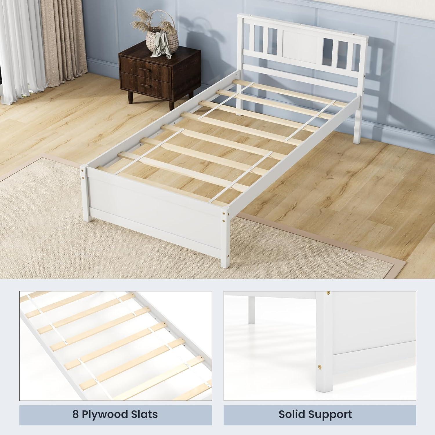image:imageGiantex Queen Size Solid Wood Platform Bed Frame Mid Century Queen Bed Frame with Headboard Wooden Slat Support Queen Panel Bed No Box Spring Needed Easy Assembly WhiteWhite