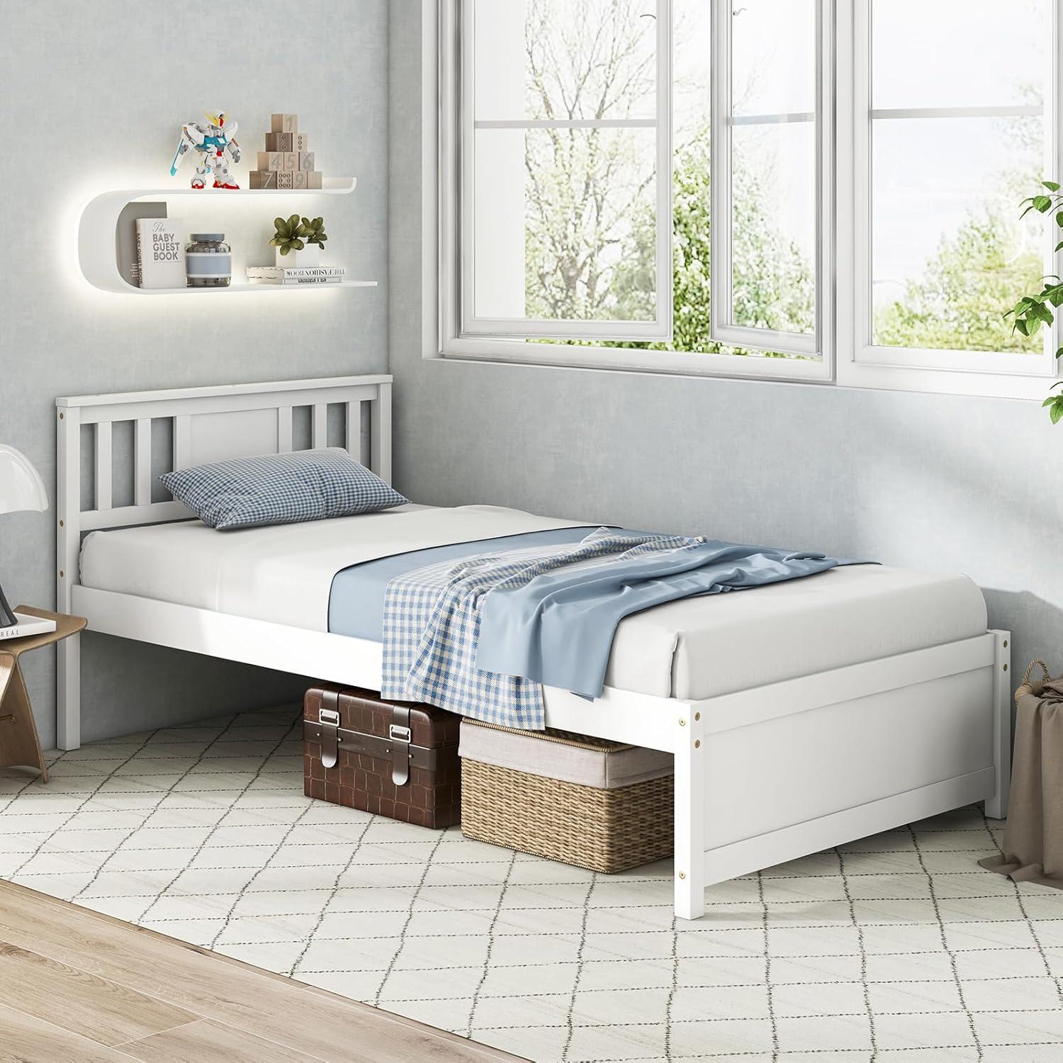 image:imageGiantex Queen Size Solid Wood Platform Bed Frame Mid Century Queen Bed Frame with Headboard Wooden Slat Support Queen Panel Bed No Box Spring Needed Easy Assembly WhiteWhite