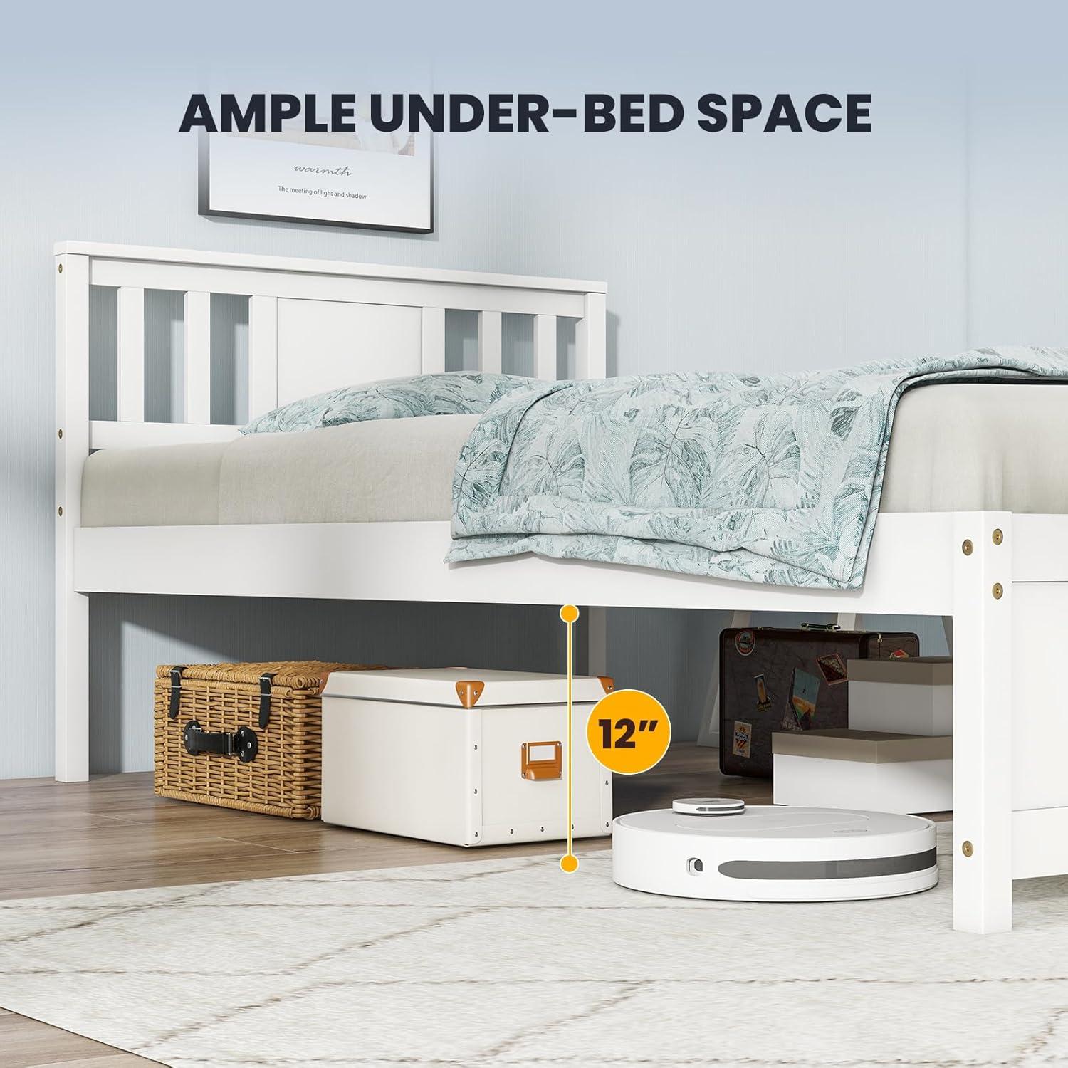image:imageGiantex Queen Size Solid Wood Platform Bed Frame Mid Century Queen Bed Frame with Headboard Wooden Slat Support Queen Panel Bed No Box Spring Needed Easy Assembly WhiteWhite