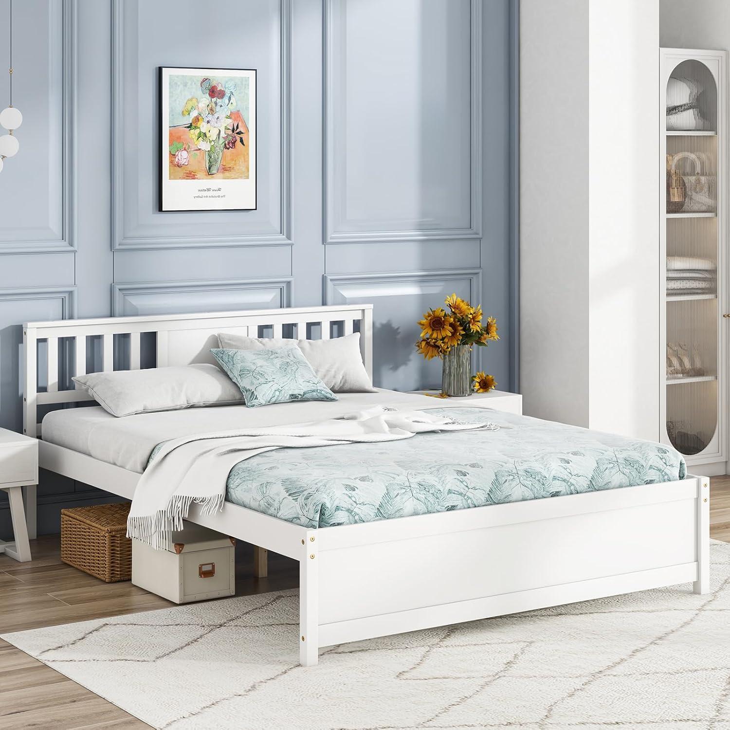 image:imageGiantex Queen Size Solid Wood Platform Bed Frame Mid Century Queen Bed Frame with Headboard Wooden Slat Support Queen Panel Bed No Box Spring Needed Easy Assembly WhiteWhite