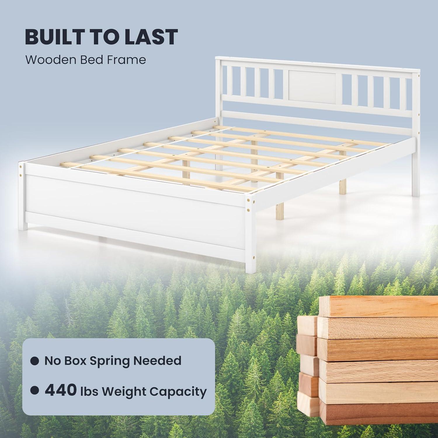 image:imageGiantex Queen Size Solid Wood Platform Bed Frame Mid Century Queen Bed Frame with Headboard Wooden Slat Support Queen Panel Bed No Box Spring Needed Easy Assembly WhiteWhite