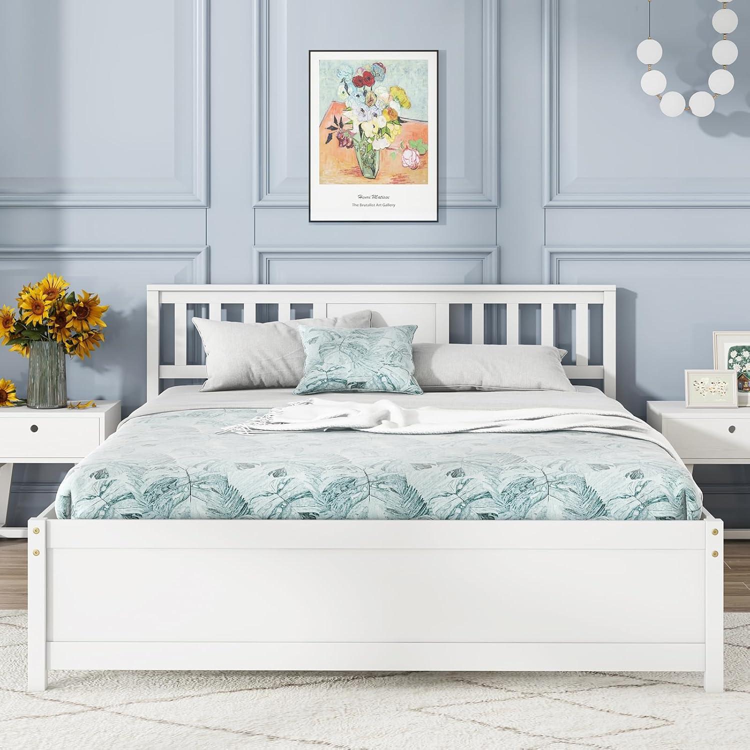 image:imageGiantex Queen Size Solid Wood Platform Bed Frame Mid Century Queen Bed Frame with Headboard Wooden Slat Support Queen Panel Bed No Box Spring Needed Easy Assembly WhiteWhite