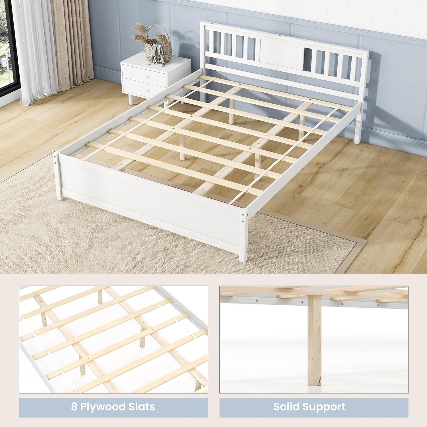 image:imageGiantex Queen Size Solid Wood Platform Bed Frame Mid Century Queen Bed Frame with Headboard Wooden Slat Support Queen Panel Bed No Box Spring Needed Easy Assembly WhiteWhite