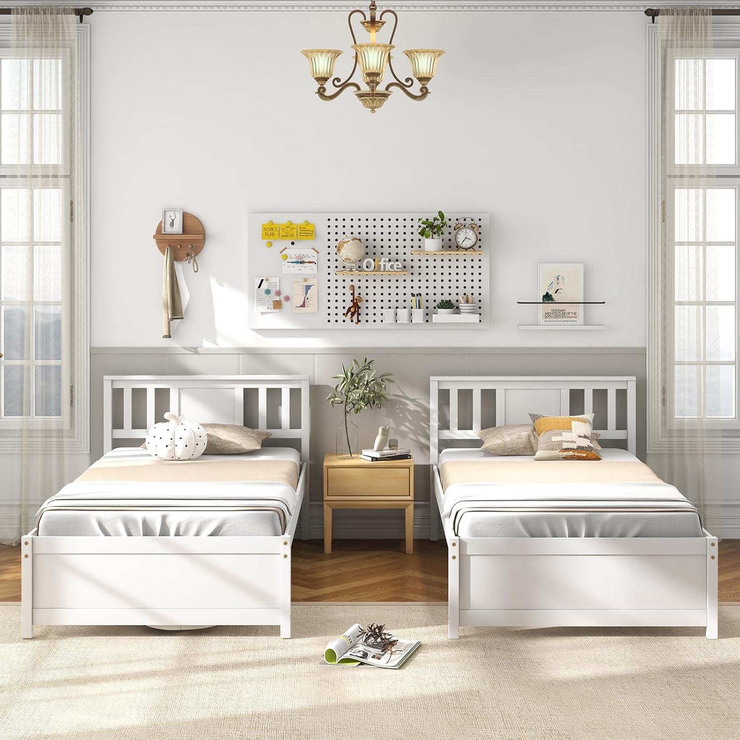 image:imageGiantex Queen Size Solid Wood Platform Bed Frame Mid Century Queen Bed Frame with Headboard Wooden Slat Support Queen Panel Bed No Box Spring Needed Easy Assembly WhiteWhite